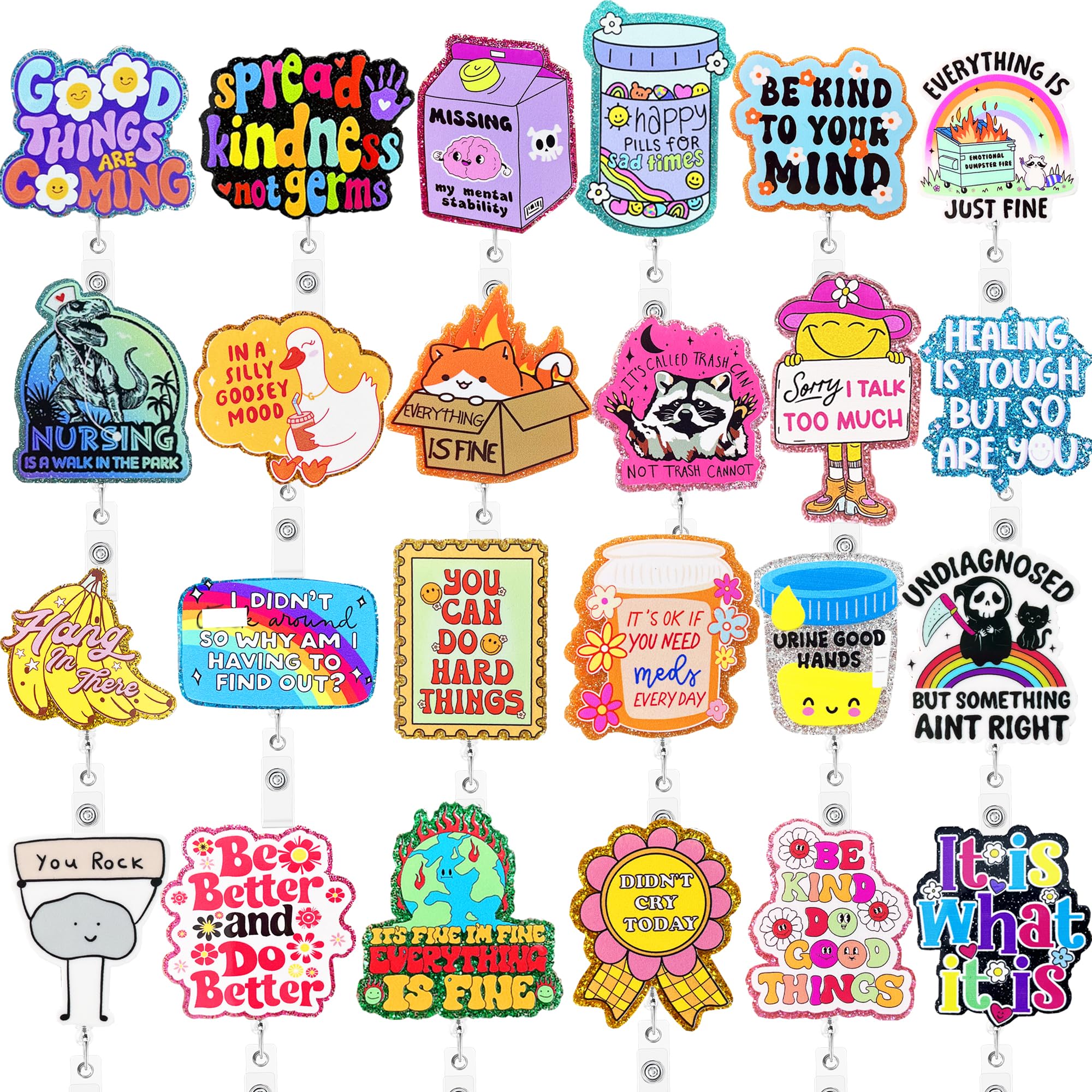 24 Pieces Funny Badge Reels Decorative Retractable Badge Holders with Alligator Clip Teacher Medical Pharmacy RN LPN CNA MA Nurse Accessories Gifts