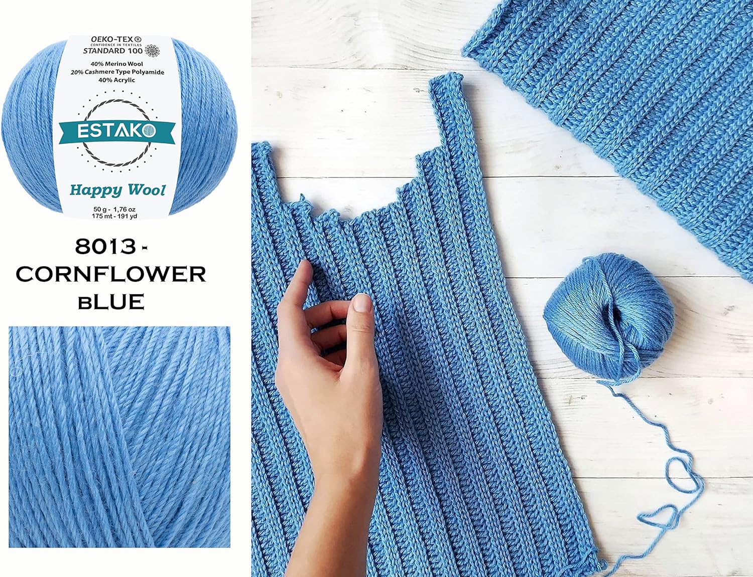 Estako Happy Wool (6 Skeins Pack) 40% Merino Wool 20% Cashmere Type Polyamide 40% Acyrlic Fingering Weight Soft Knitting and Crochet Yarn (6 x 1.76 oz) (6 x 191 yds) (8022 - Dark Turquoise)