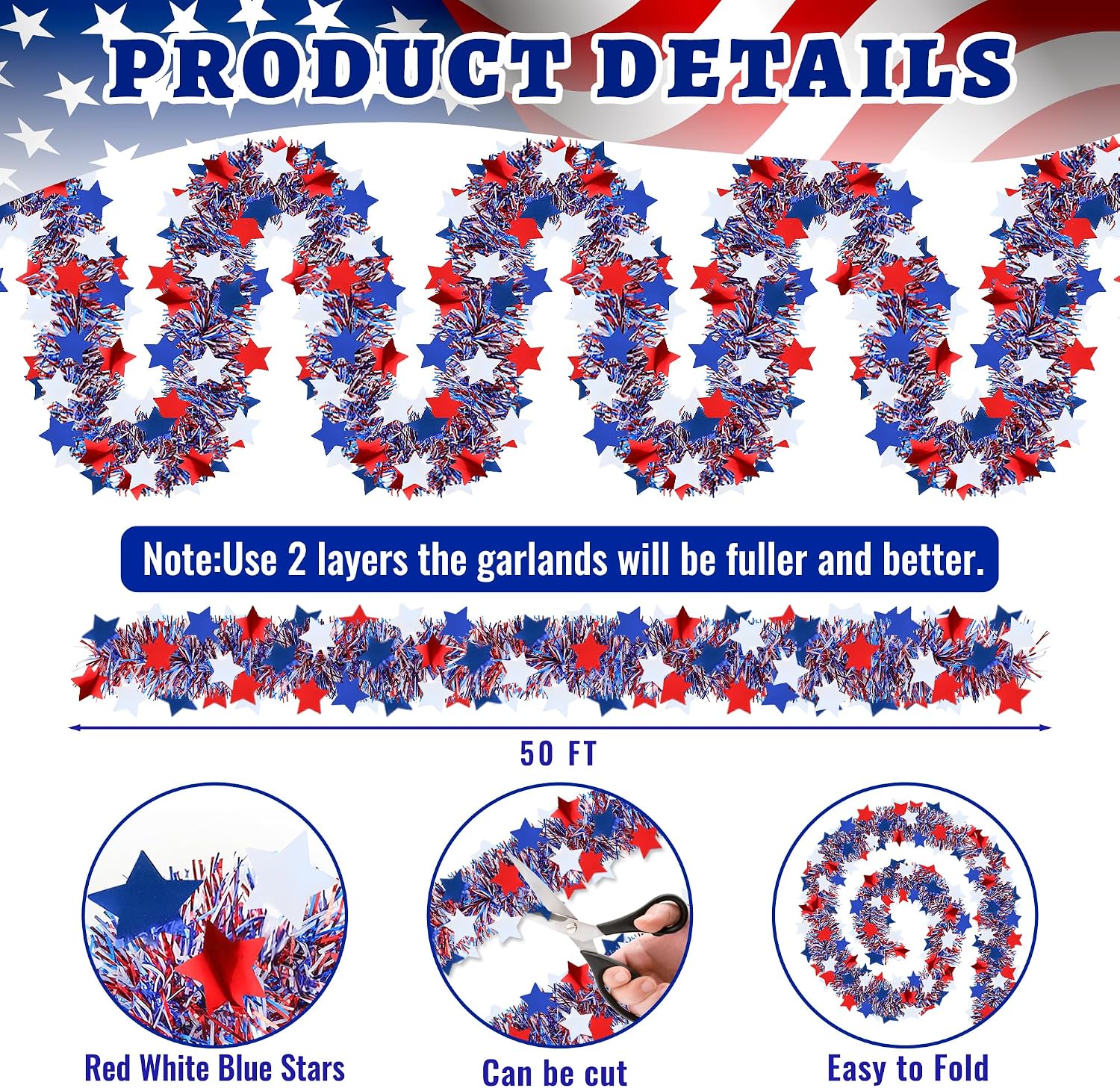 50FT 4th of July Garland,4th of July Decorations Metallic Twist Patriotic Star Tinsel Garland Red White and Blue Garland for Home Tree Parade Golf Cart Indoor Outdoor Memorial Day Independence Day