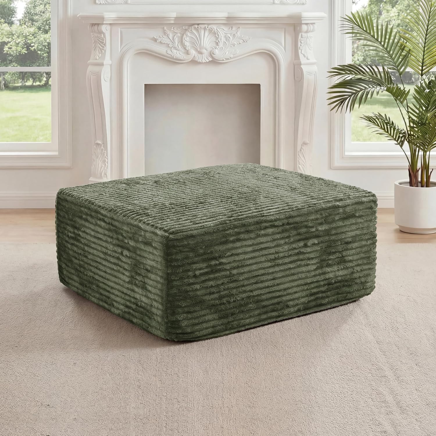 27.56'' Plush Fluffy Corduroy Poofy Ottoman in a Box for Boneless Sofa Couch, Modern Compressed Foot Rest, Small Comfy Rectangle Boneless Pouf Footstool Ottoman for Living Room, Bedroom, Olive Green