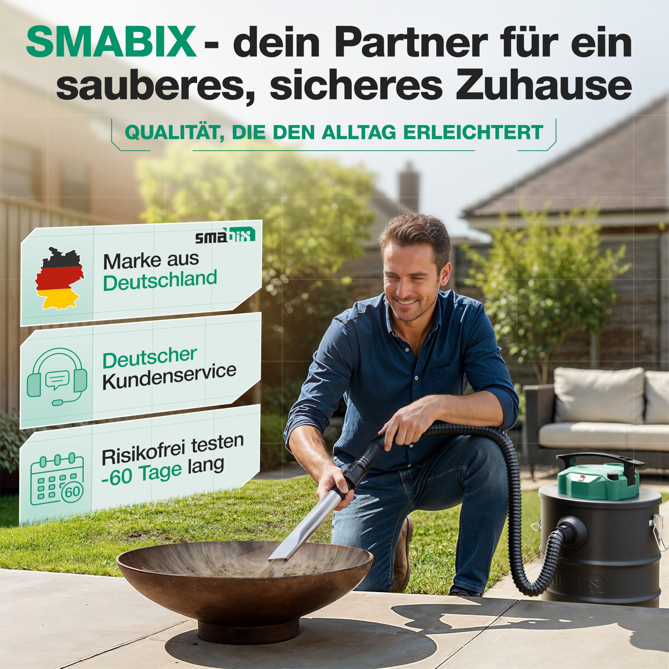 Smabix® Aschesauger, 18L Tankvolumen, 1200 W Leistung, inkl. HEPA-Filter und Staubfilter, Aschesauger für Kamin, Pelletofen, Feuerschalen u.v.m.