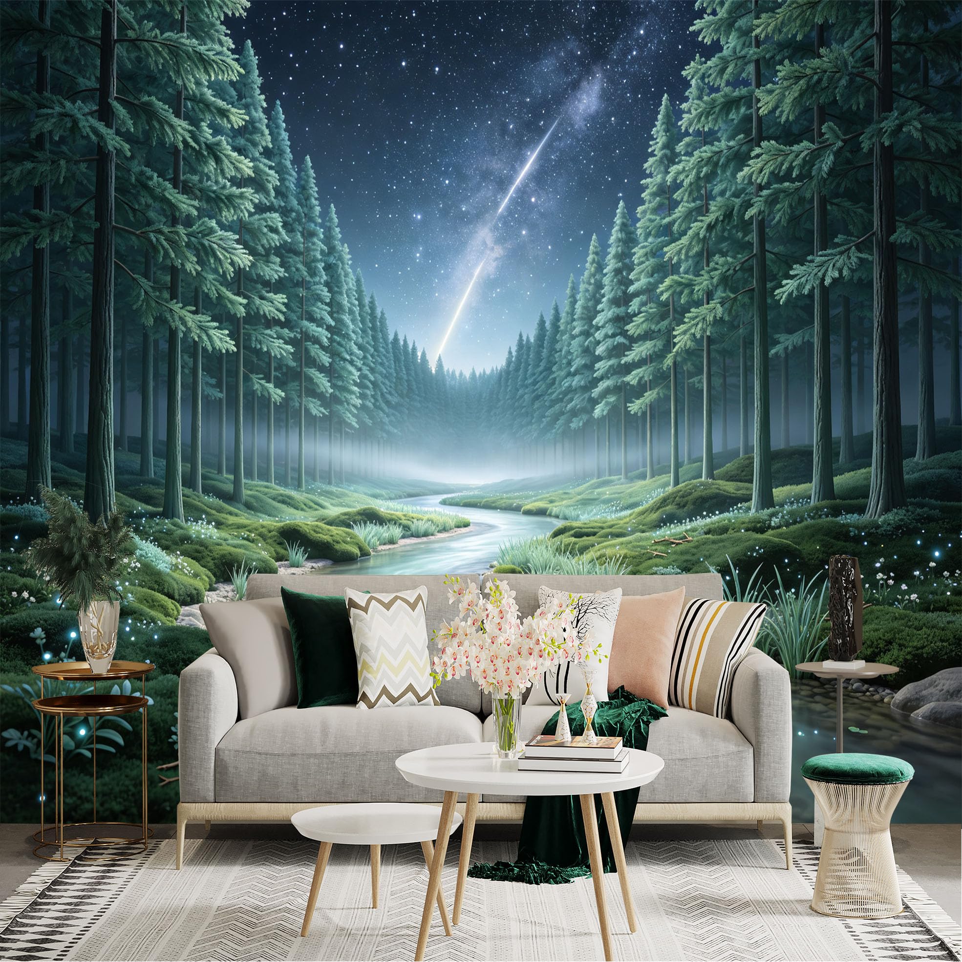 Lnzczhyre Bh260719173 Custom Size Wall Sticker Mural， Enchanted Stream In Misty Forest， Starlit Night Sky， Glowing Flora， Serene Landscape， For Wall Decoration， Peelandstick Wall Decals.