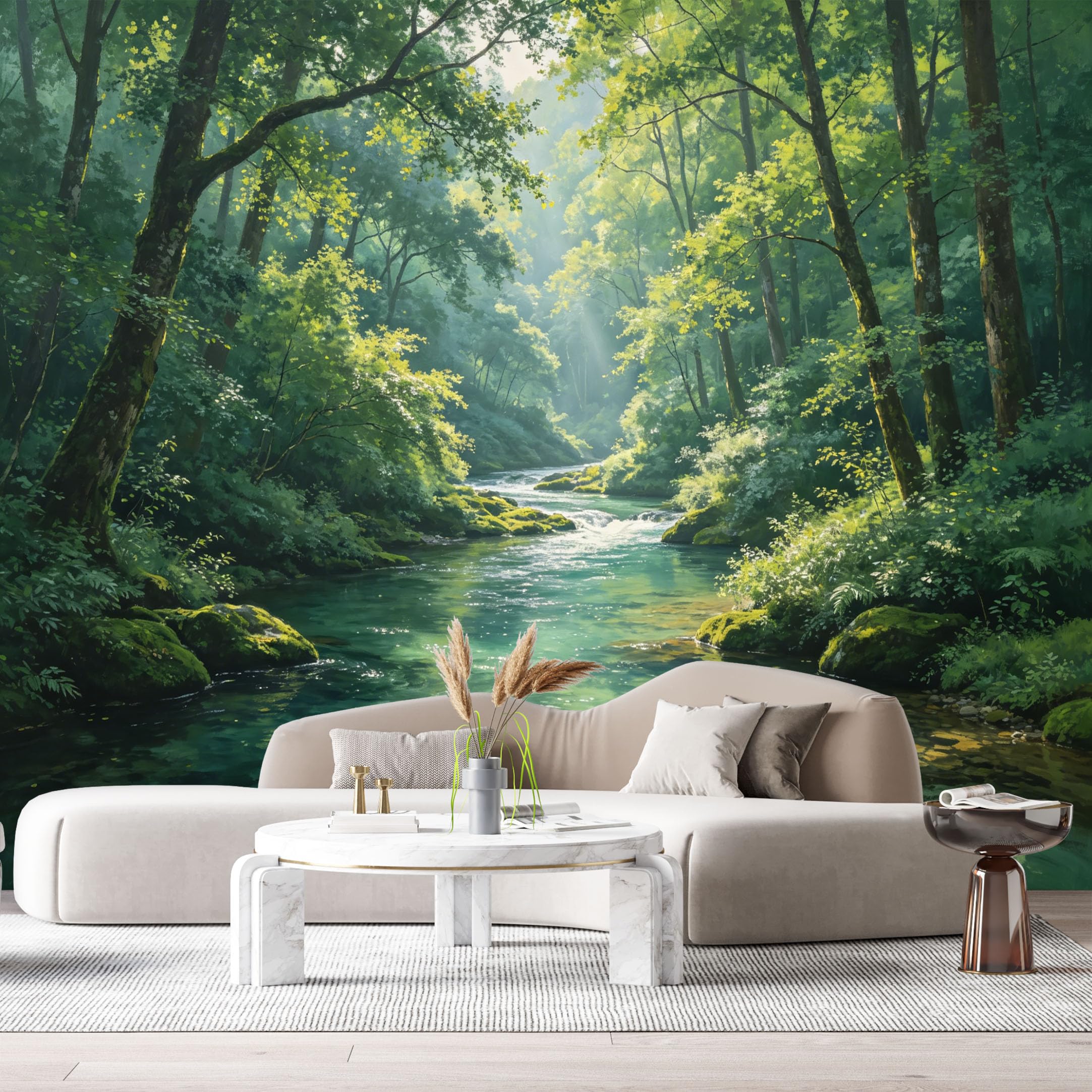 Custom Size Wall Murals Forest River Landscape Watercolor Sunlight Trees SelfAdhesive Wall Fabric Removable Large Wallpaper for Photo Living Room