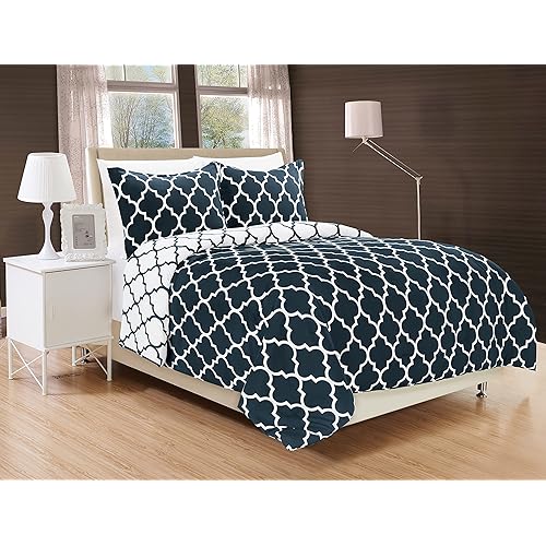 Elegant Comfort Goose Down Alternative Reversible 3-Piece Comforter Set - Breathable and Super Soft All Season Reversible Quatrefoil Pattern Comforter Set with 2 Shams, King, Navy/White