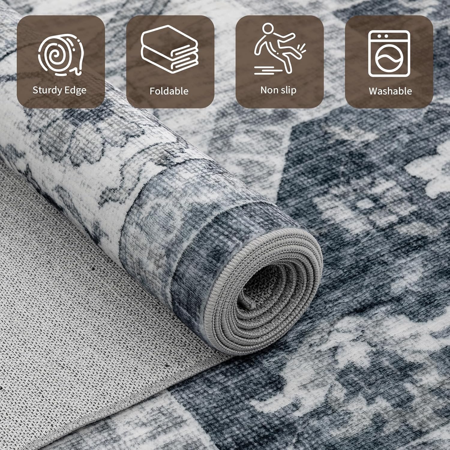 UKISS Washable Rugs 8'x10' Area Rugs for Living Room ，Ultra Soft Faux Silky Rug for Bedroom, Vintage Large Area Rug，Non Slip&Non-Shedding Low Pile Large Carpets for Home Office Decor Blue