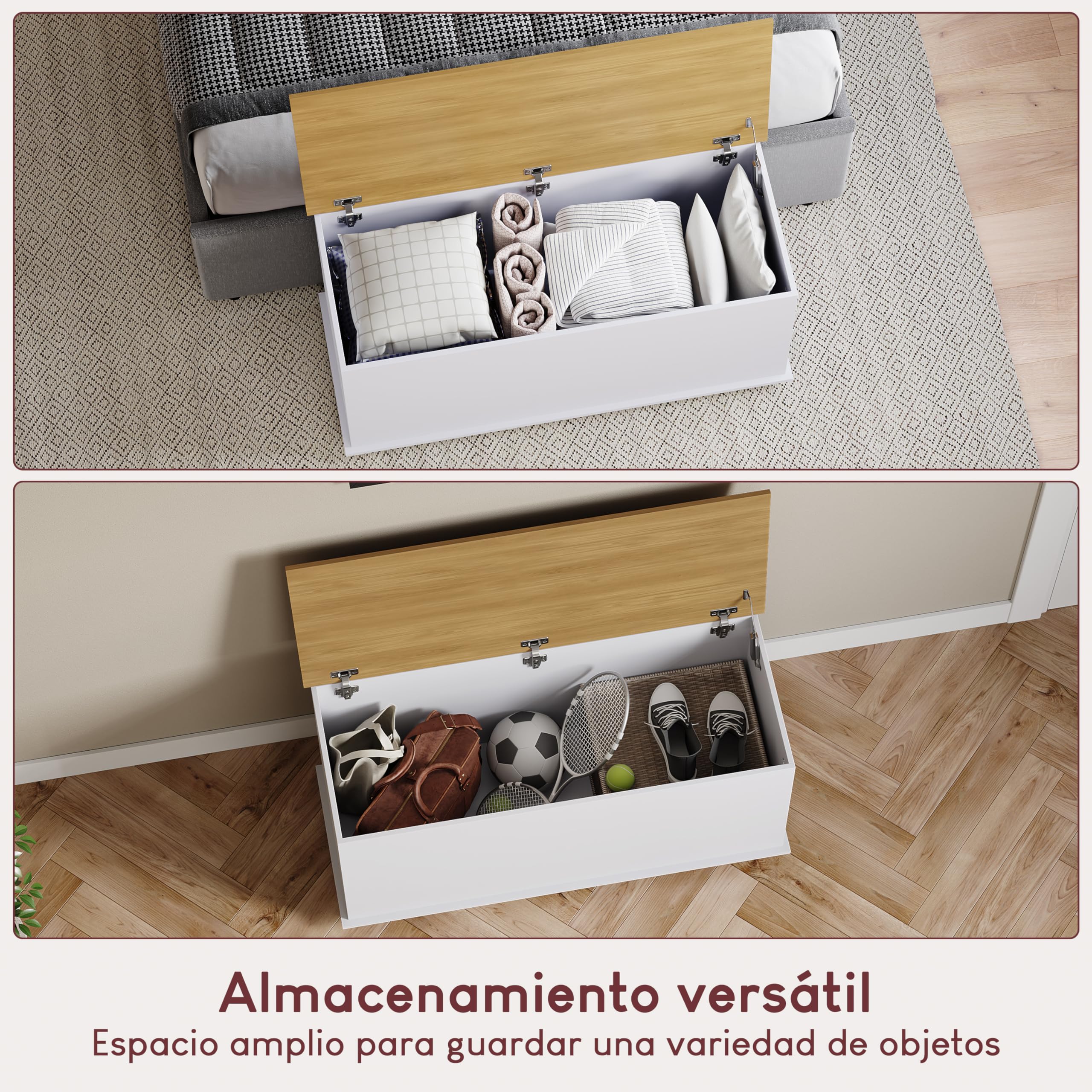 Vida Designs Leon - Otomana de almacenamiento, madera en blanco y roble, 100 x 40 x 48 cm, banco de almacenamiento otomano con tapa elevable, ideal para juguetes, ropa de cama y reposapiés