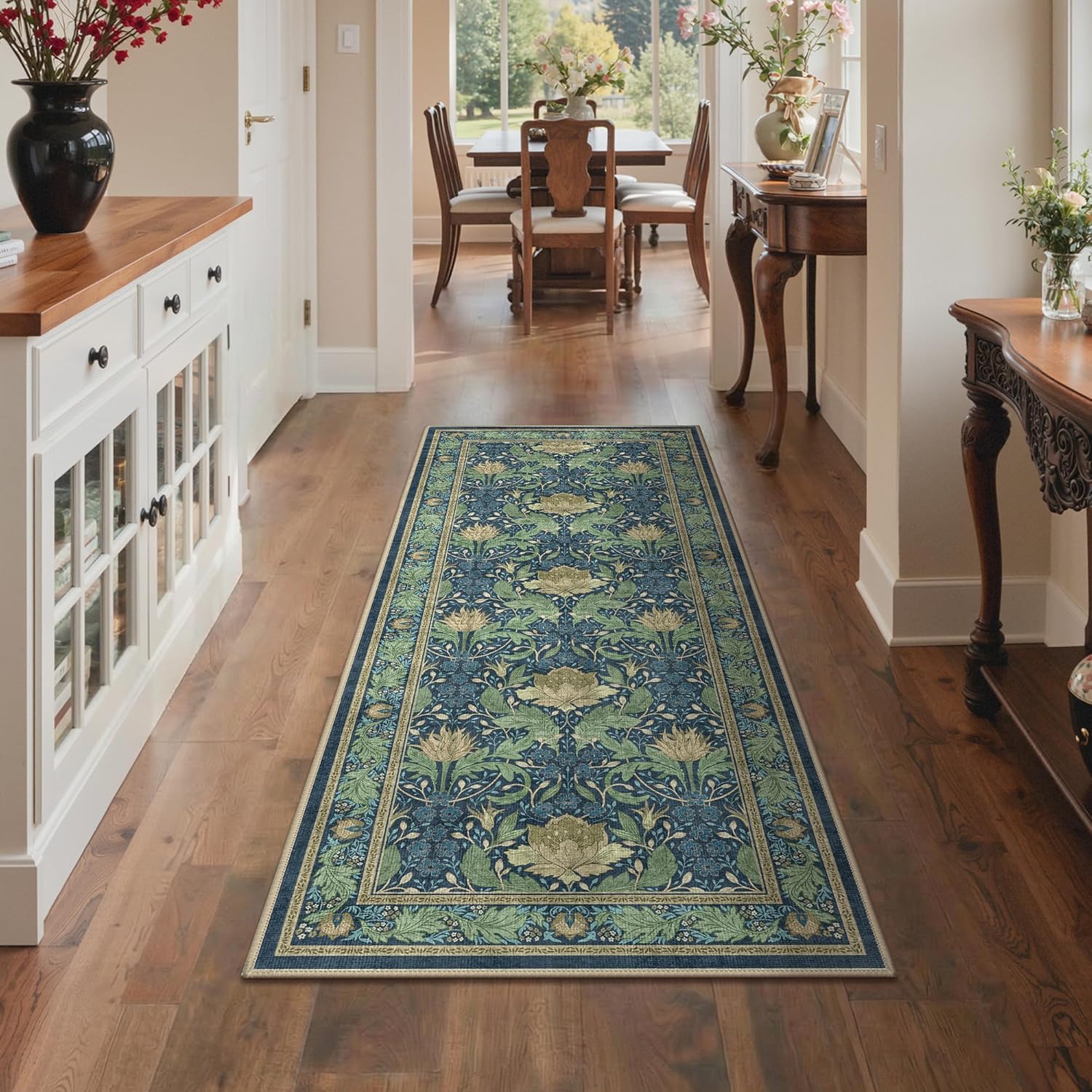 Bavni 2'6''x6 Runner Rug,Microfiber Washable Non-Slip Vintage Floral Rugs,Low Pile Lightweight Carpet for Bedroom,Hallway,Entryway,Kitchen,Bathroom, Tea Green/Blue