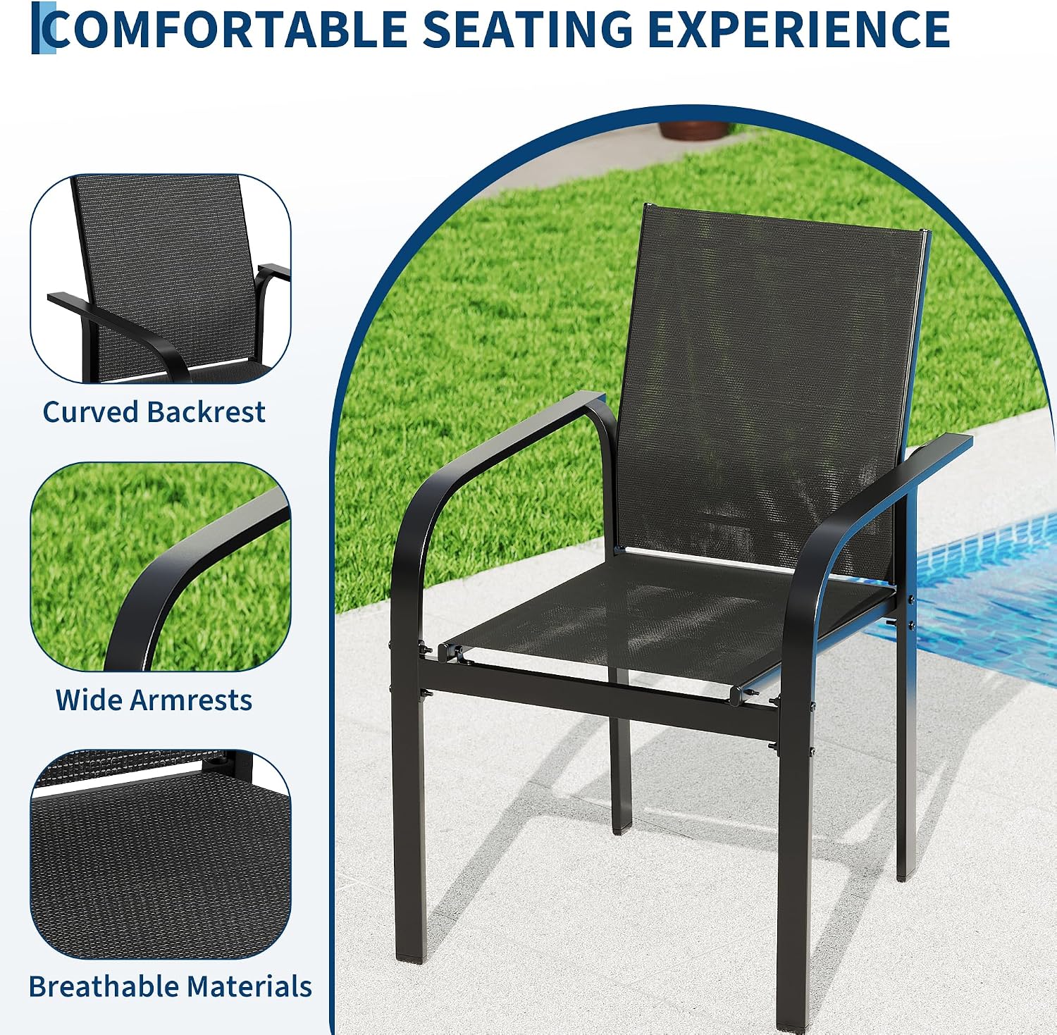 Close-up of Garvee patio chair highlighting curved backrest, wide armrests, and breathable Textilene fabric