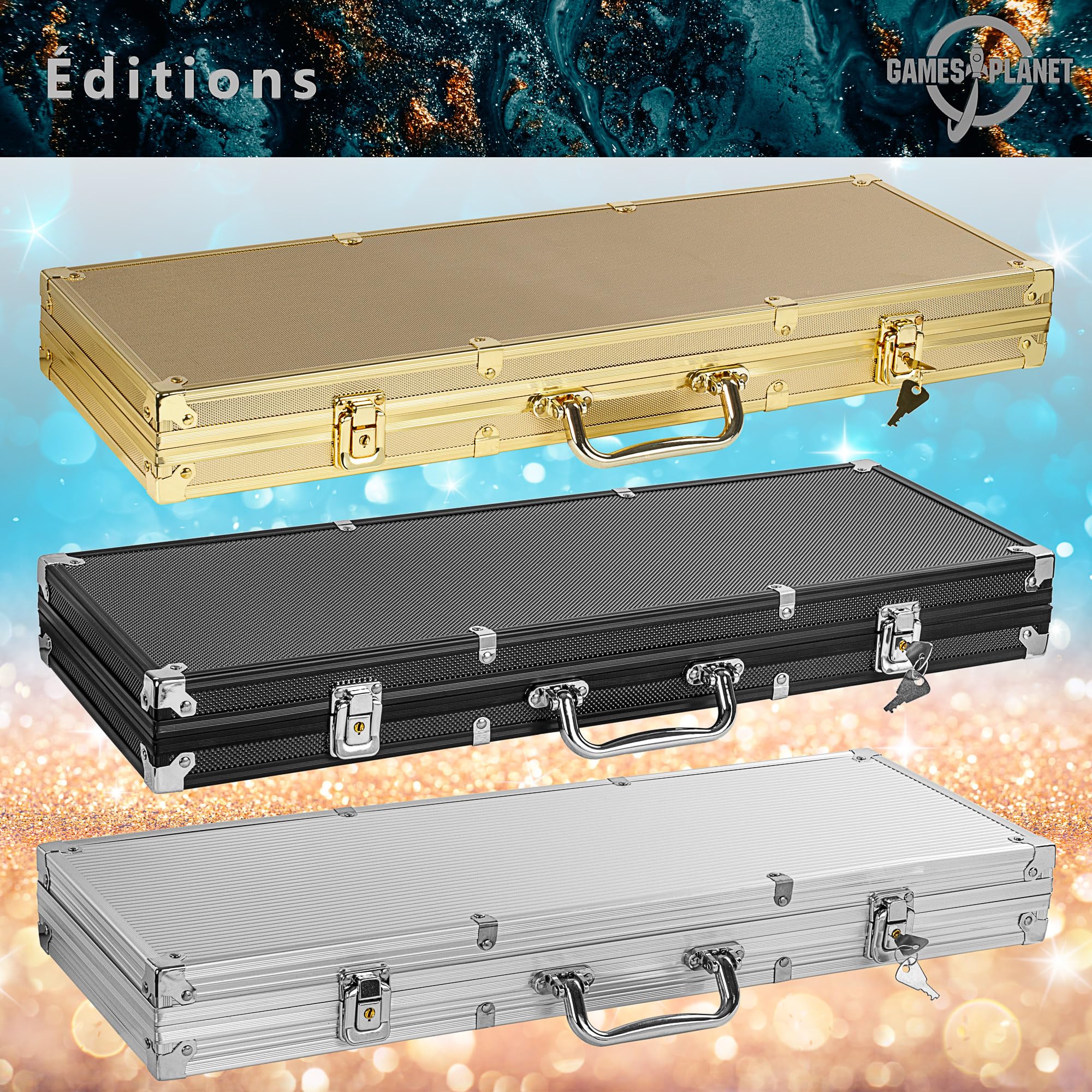 GAMES PLANET Mallette de Poker avec 500 jetons Laser, édition Argent/Or/Noir - Sélection: Argent