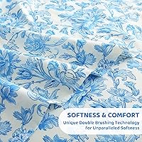 Vista 7 de Mooreeke Cómodo juego de sábanas de tamaño individual, floral, de microfibra, estampado, suave y transpirable, azul y beige, bajera ajustada que