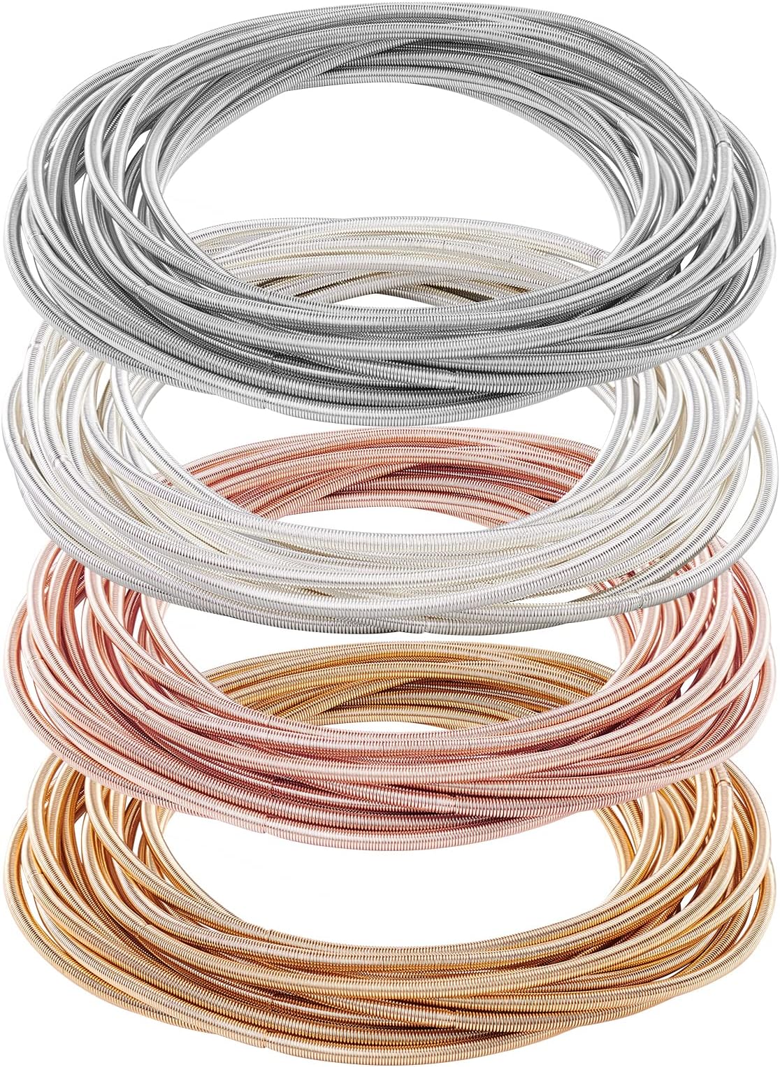 60Pcs 4 Colors 2-1/4 inch Guitar String Bracelets, Rose Glod Platinum Light Gold Silver Flexible Steel Wire Layered Bracelet