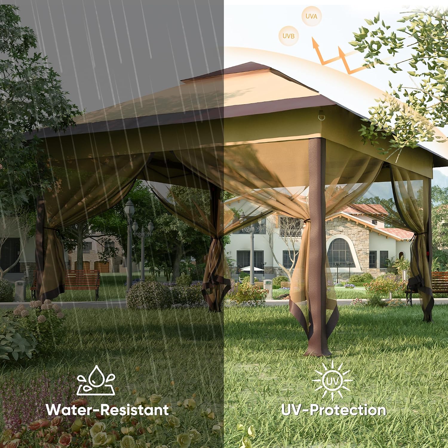 GDY 11x11FT Patio Gazebo with Mosquito Netting, Double Top with 4-Sandbags, Garden, Yard, Grassland, Brown.