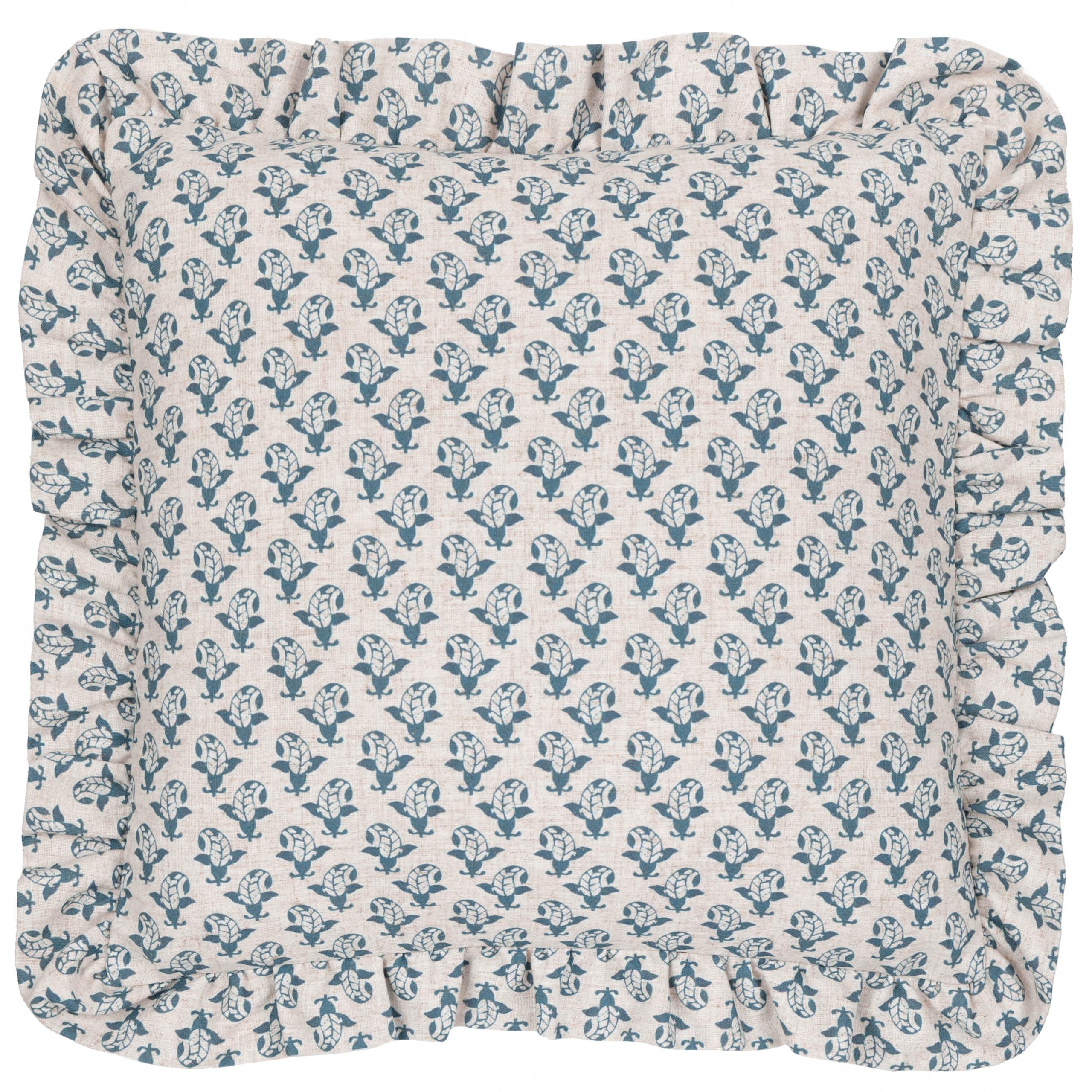 Coussin Lulah Lin et Bleu 45x45cm avec Remplissage Plumes et Volants Imprimé Bloc furn.