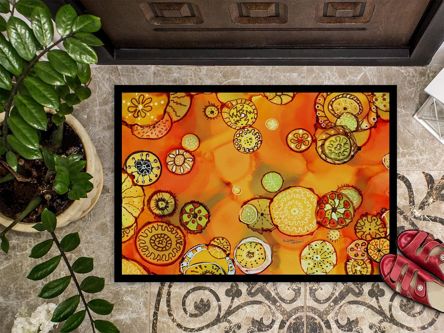 Caroline's Treasures 8987MAT Abstract Flowers in Oranges and Yellows Doormat 18x27 Front Door Mat Indoor Outdoor Rugs for Entryway, Non Slip Washable Low Pile, 18H X 27W