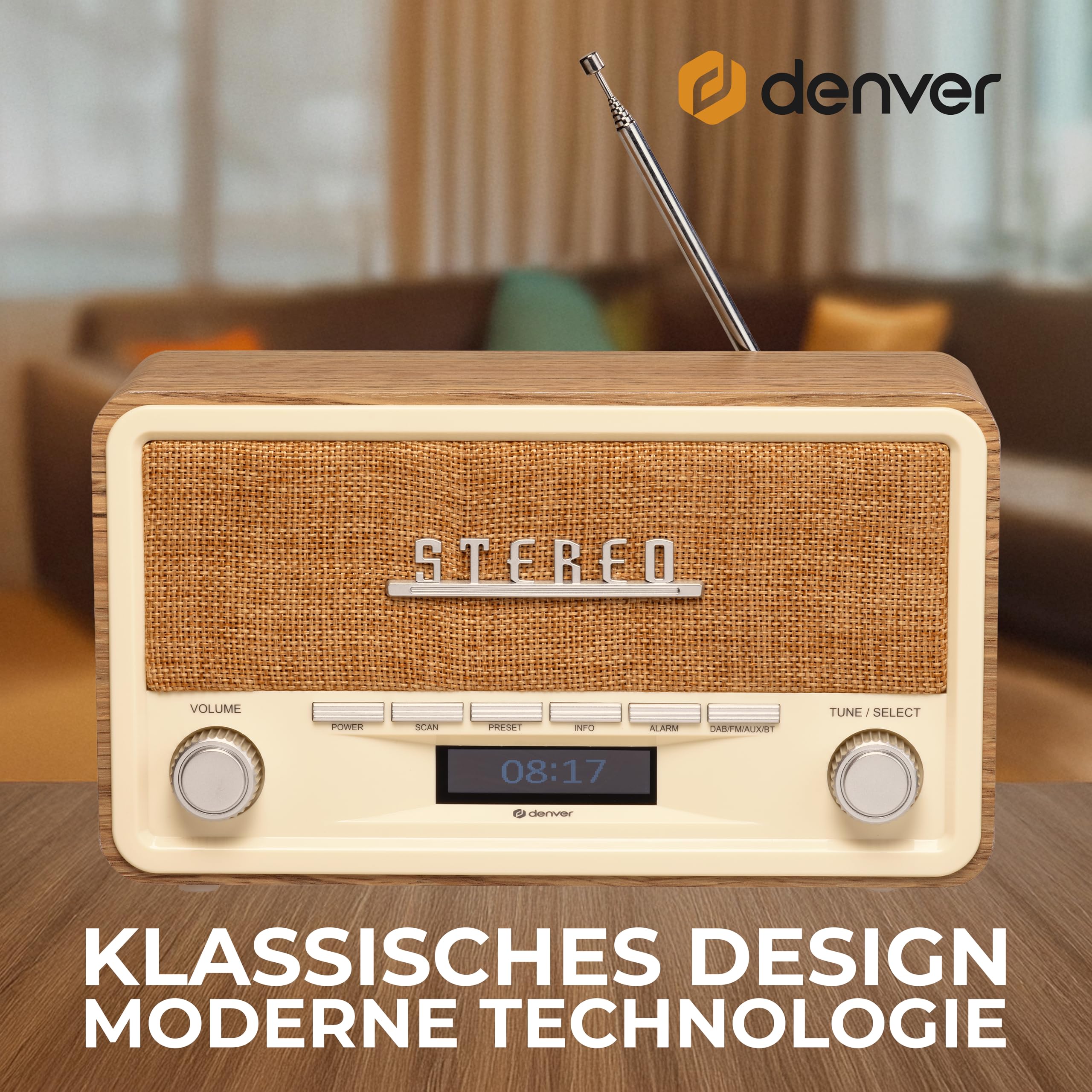 Denver Retro DAB-18 Digitalradio | DAB Plus Radio mit Bluetooth & FM | 2x20W Stereo-Lautsprecher | Kleines Radio mit Netzstecker | Küchenradio DAB mit gutem Klang | LCD-Display & Weckfunktion | DAB Plus & FM & Bluetooth, 2x20W Stereo-Lautsprecher, LCD-Dis