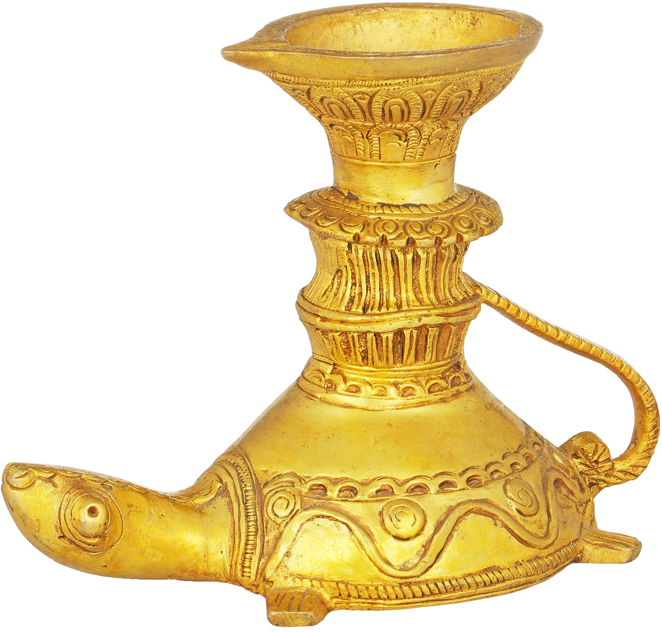 Diya Puja Vastu en laiton sculpté Exotic India, objet d'artisanat d'art sur tortue