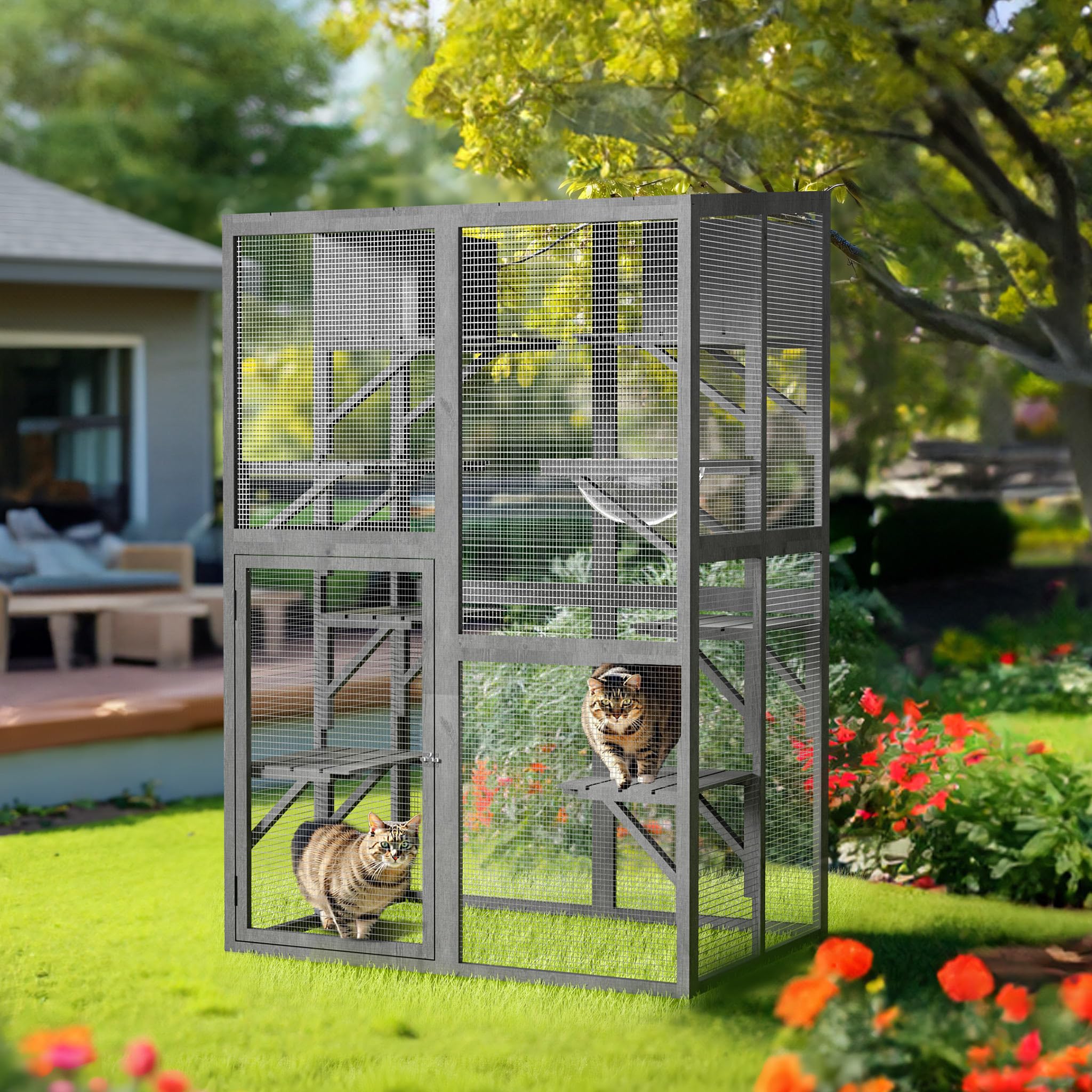 Wiltec Freilaufgehege Katzen 116 x 82 x 175,7 cm, Katzenfreigehege Holz mit PVC-Beschichtung, Außengehege 5 Ebenen, Katzengehege für Garten, Balkon