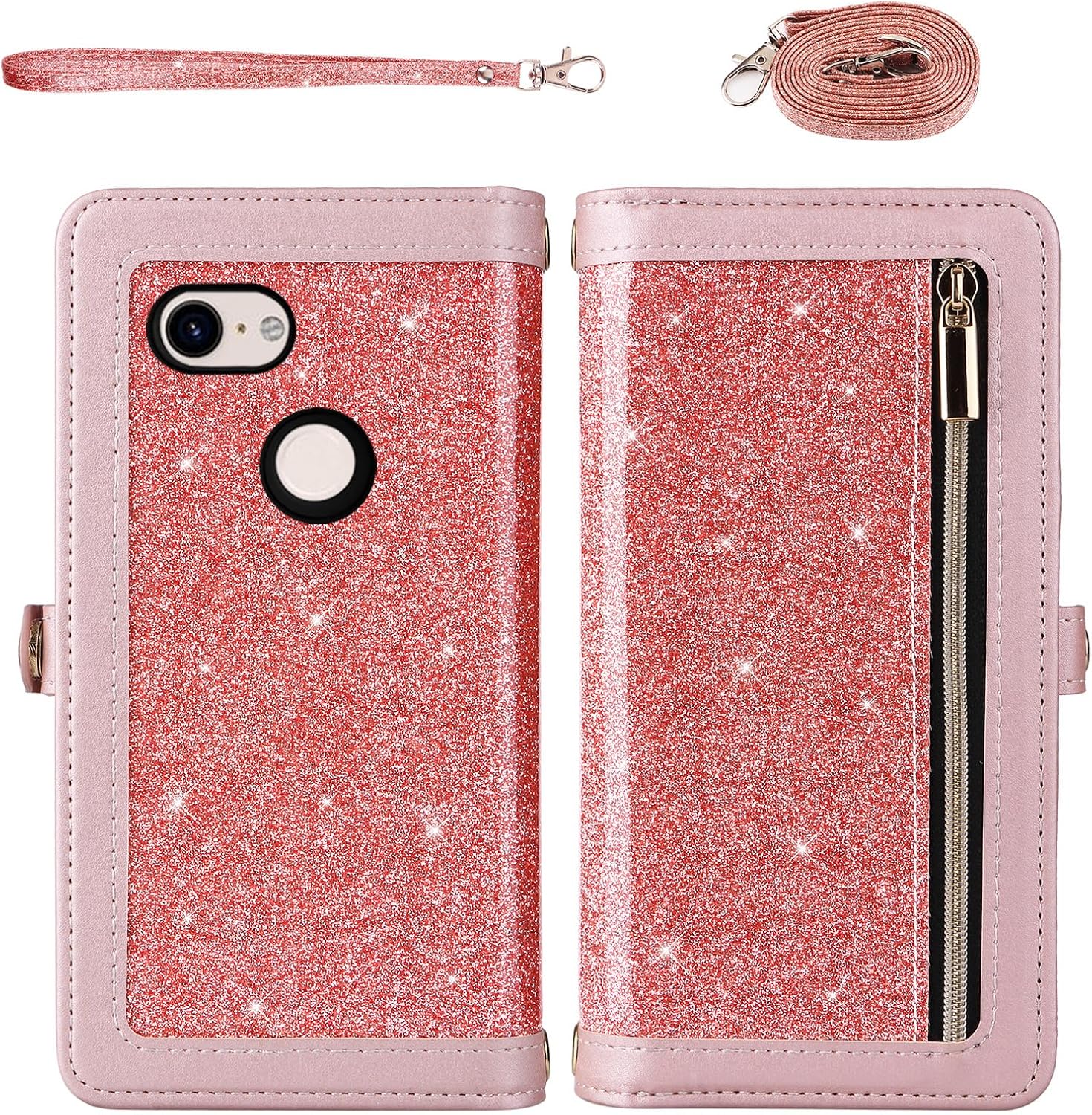 Asuwish Phone Case for Google Pixel 3 XL Zipper Wallet Detachable Cell Cover with Tempered Glass Screen Protector Lanyard Strap Bling Glitter Flip Card Holder Pixel3XL Pixel3 LX Pixle 3XL Women Pink image 3