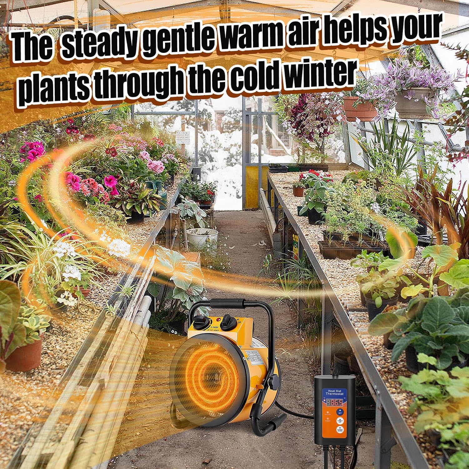 Greenhouse Heater with Digital Thermostat - 1500W Stainless Steel Space Heater for Plants, Fast Heating, Overheat Protection, 41-108°F Adjustable Portable Heater for Winter Grow Tent Seed Germination