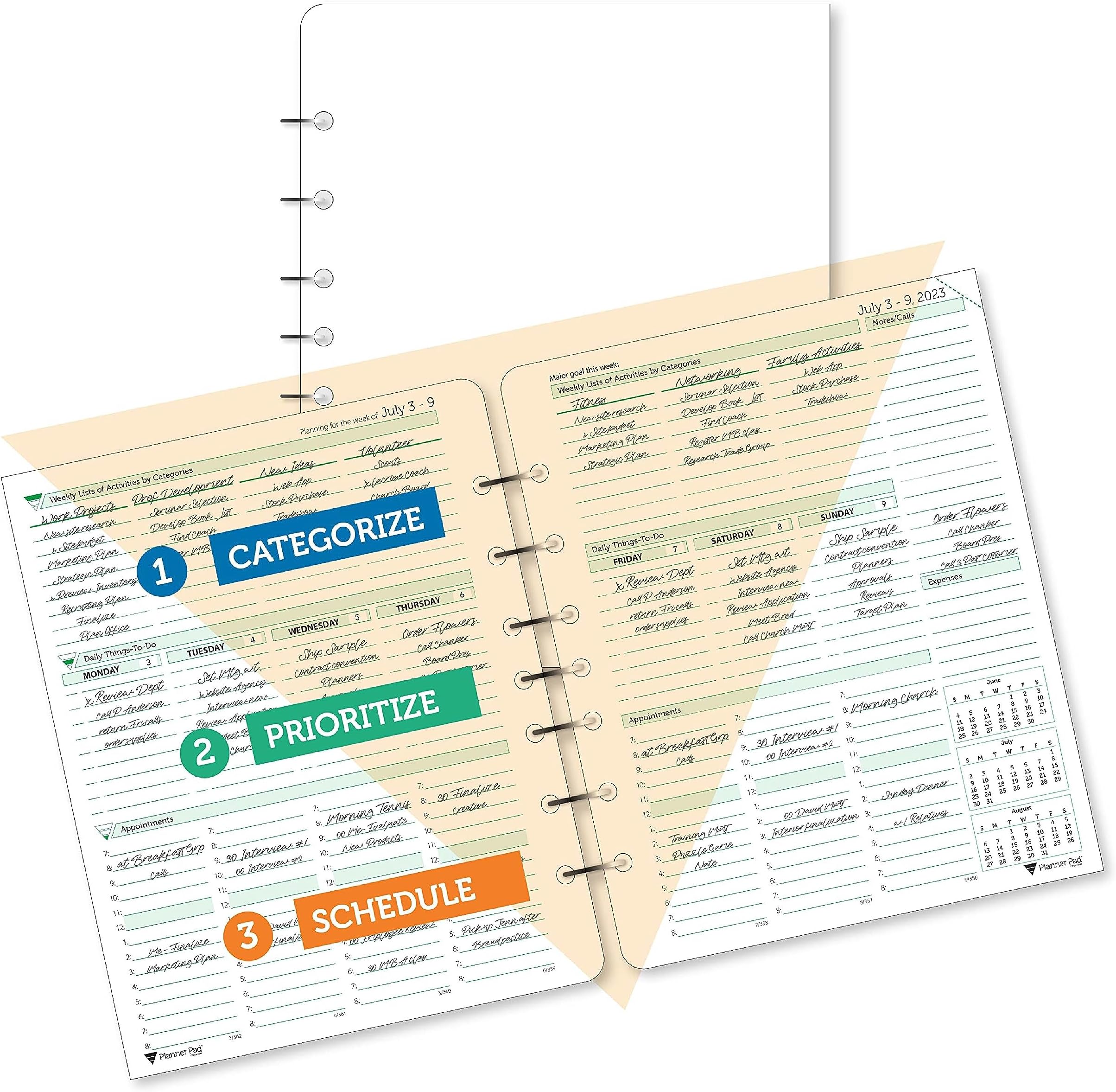 Planner Pad7 Hole Loose Leaf 3-Tier Funnel Down 12 Month Organizer, July 2023 – June 2024 / Academic Year, Soft Green Ink, 6 3/4" x 8 1/2"