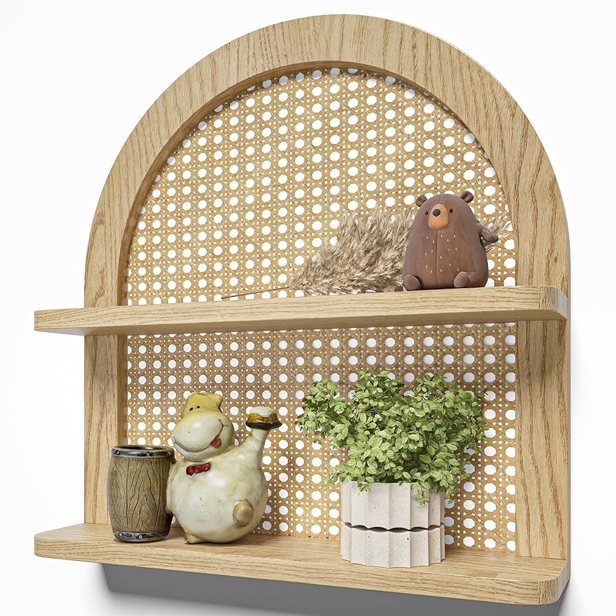 Amazon｜木製 ナチュラル アーチ型 籐 壁 棚 2段 ボヘミアン