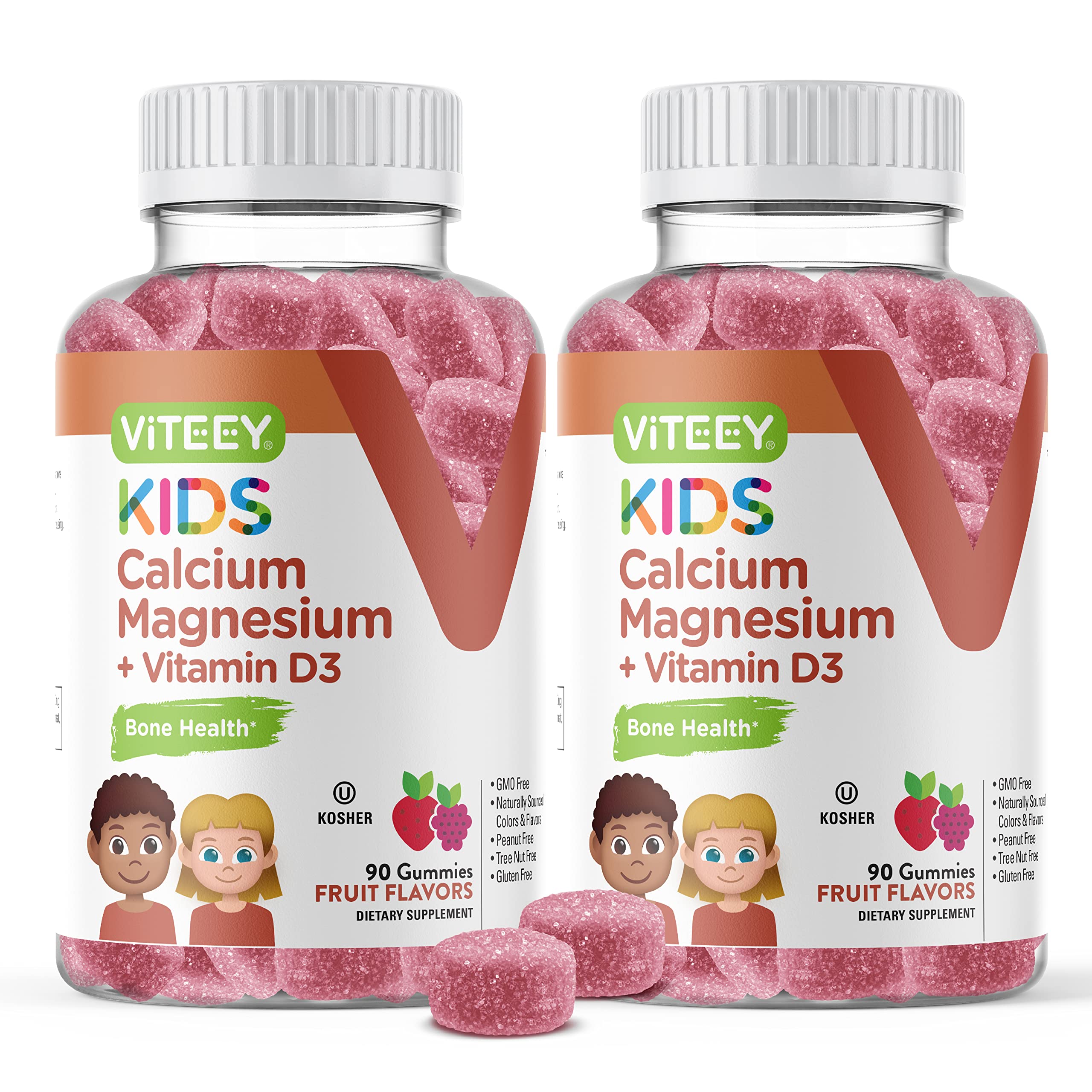 Viteey Kids Calcium Gummies + Vitamin D3 & Magnesium Citrate for Kids and Teens - Supports Bone Health, Immune Support, Energy & Muscle Function - Gluten Free,GMO Free - Tasty Chewable Fruit Flavored