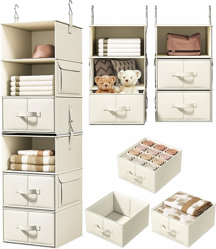 6-Shelf Hanging Closet Organizer with 3 Drawers, 2-in-1 Design, Beige | Converts into Two 3-Shelf Organizers, Foldable Drawers, Side Pockets, Ideal for Wardrobe, Nursery, Dorm & Closet Storage