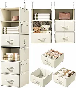 Vailando 6-Shelf Hanging Closet Organizer with 3 Drawers and Detachable Shelves, Beige