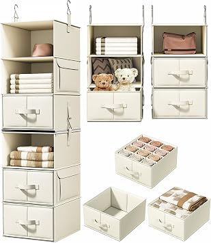 6-Shelf Hanging Closet Organizer with 3 Drawers, 2-in-1 Design, Beige