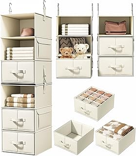 Vailando 6-Shelf Hanging Closet Organizer with 3 Drawers, 2 Separable 3-Shelf Closet Organizers and Storage for Wardrobe Organization, Hanging Dresser for Nursury & Dorm Clothes Organizer, Beige