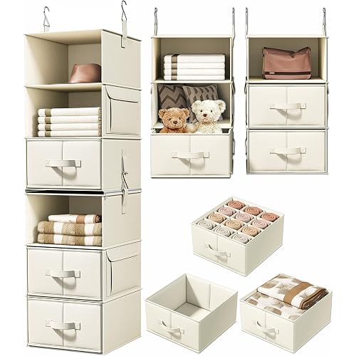 6-Shelf Hanging Closet Organizer with 3 Drawers, 2-in-1 Design, Beige | Converts into Two 3-Shelf Organizers, Foldable Drawers, Side Pockets, Ideal for Wardrobe, Nursery, Dorm & Closet Storage