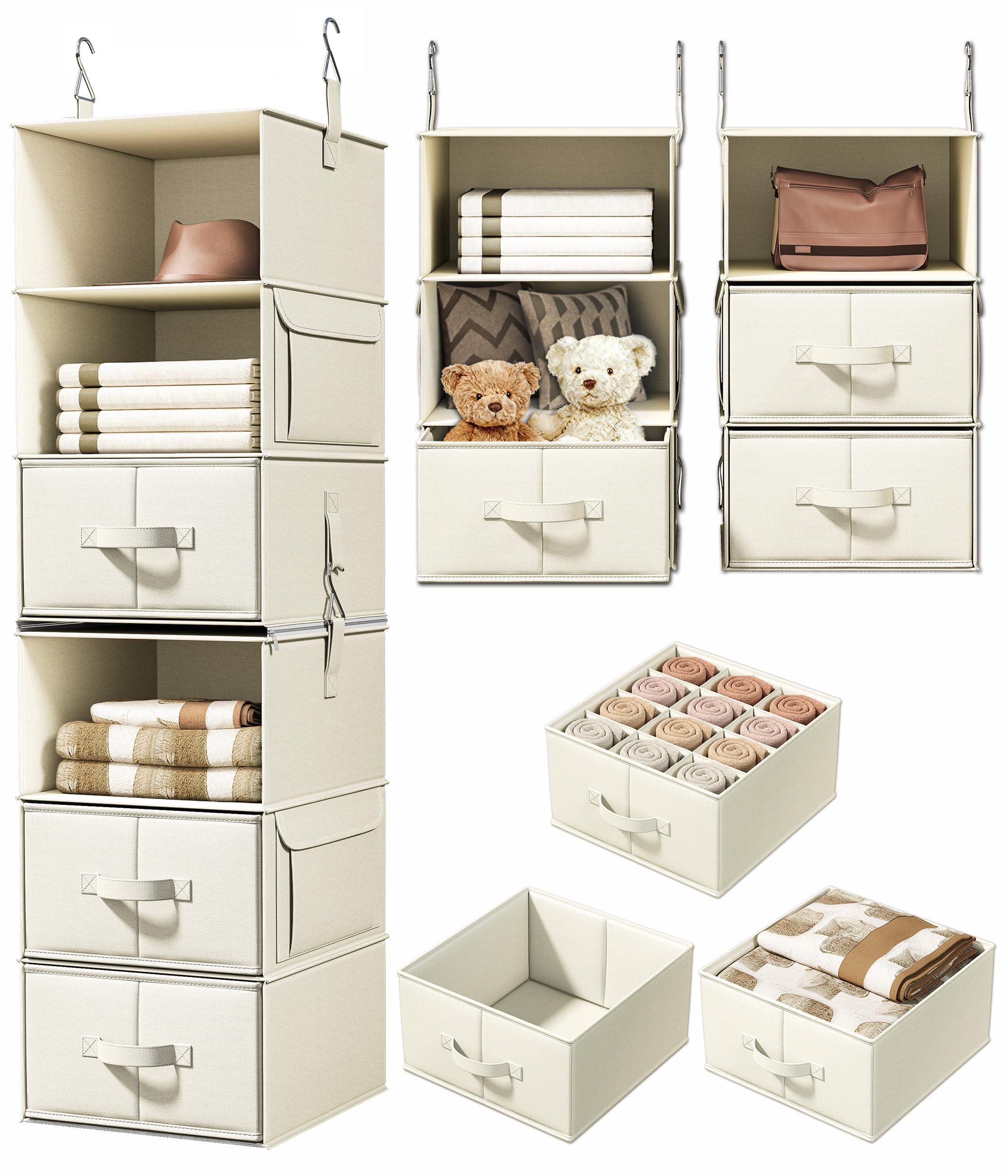 Vailando Organizador de armario colgante de 6 estantes, 2 estantes colgantes separables de 3 estantes con 3 cajones para armario, guardería, organización y almacenamiento de ropa de bebé, color beige