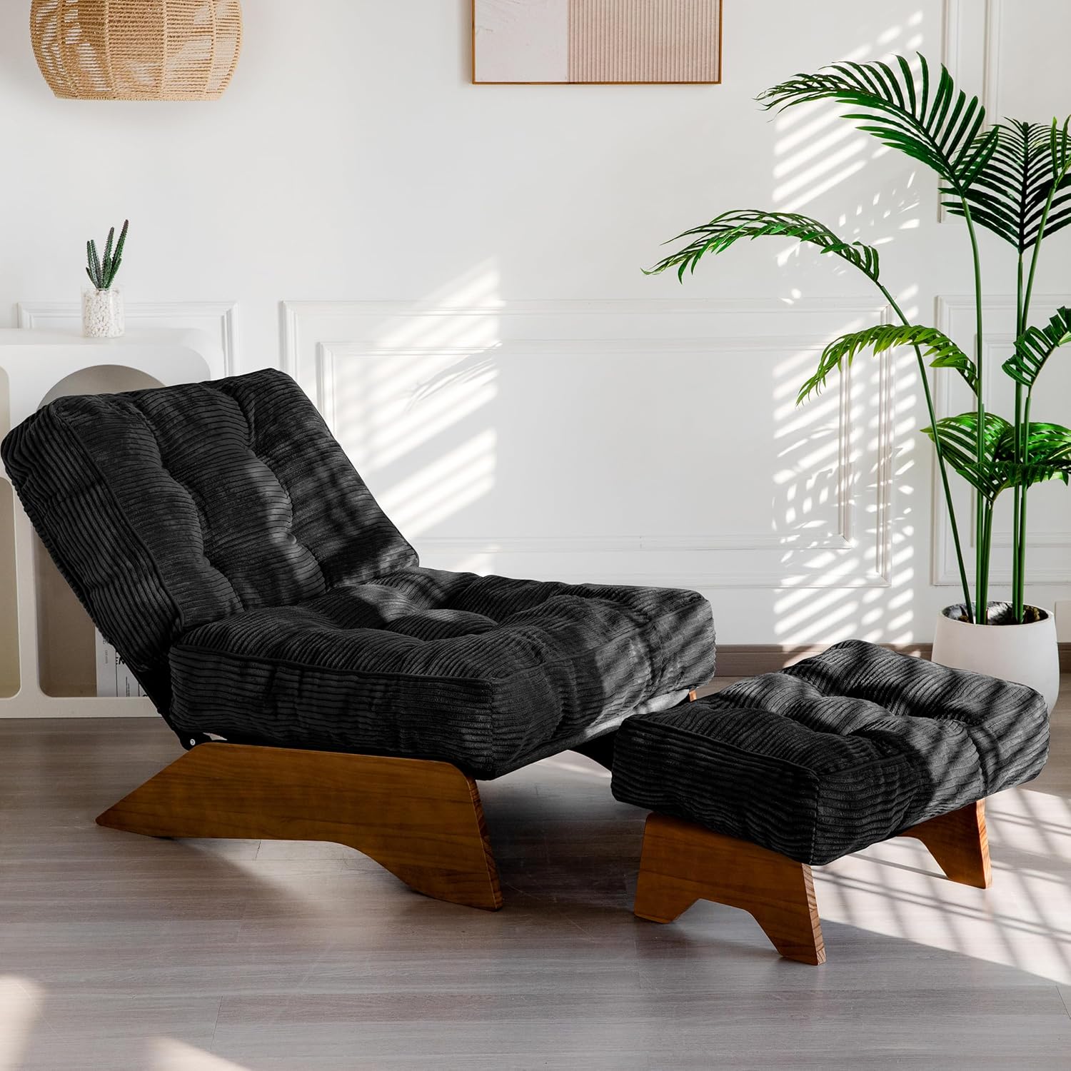 MAXYOYO Accent Chair with Ottoman Adjustable Backrest, Tufted Living Room Chair Upholstered Lounge Chair with Footrest Set, Modern Chair Cozy Reclining for Reading Room, Black Large Black