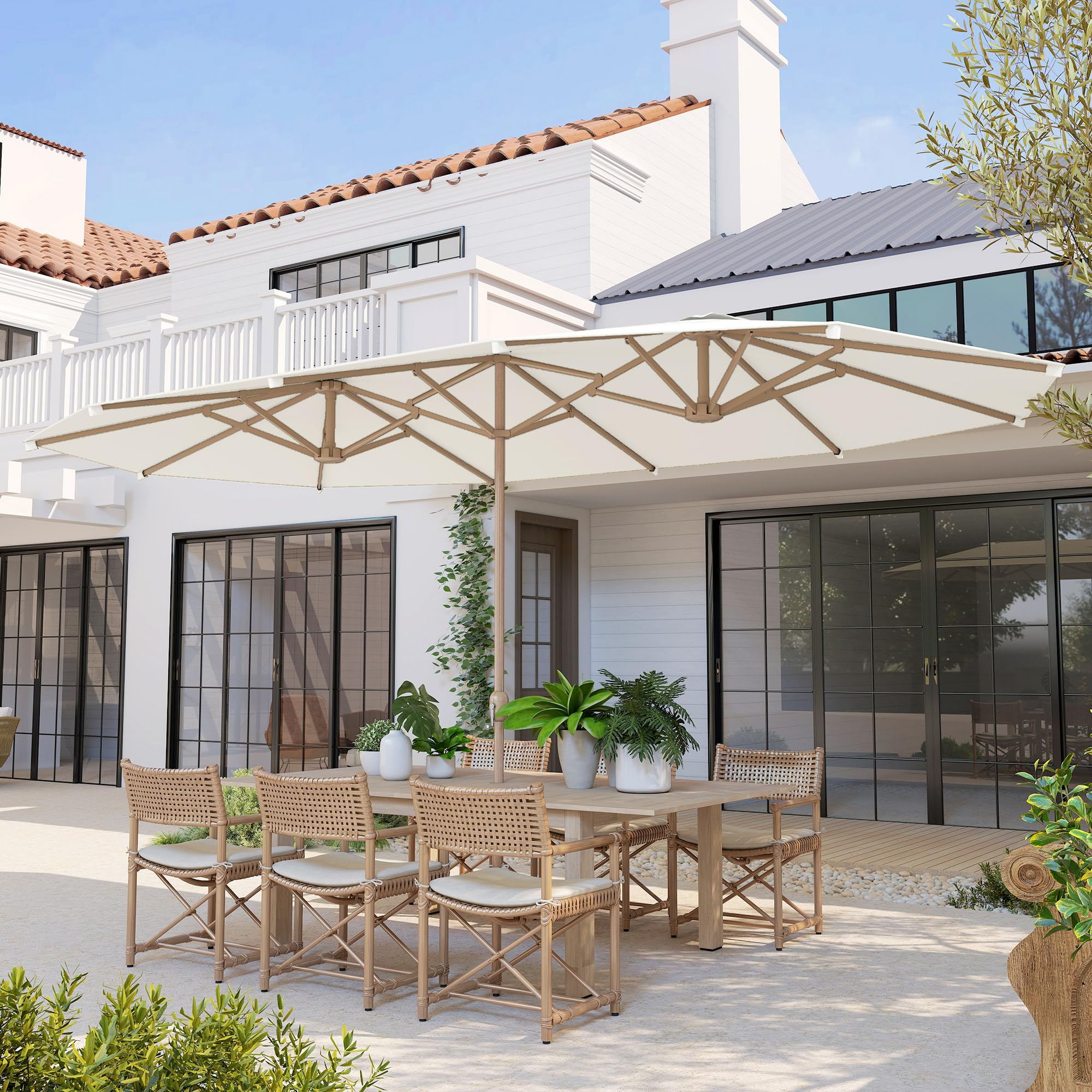 Outsunny Sombrilla Doble 4,6x2,7 m Sombrilla Terraza Exterior con Manivela Manual Resistente al Agua y Protección Solar Parasol Grande para Terraza Playa Piscina