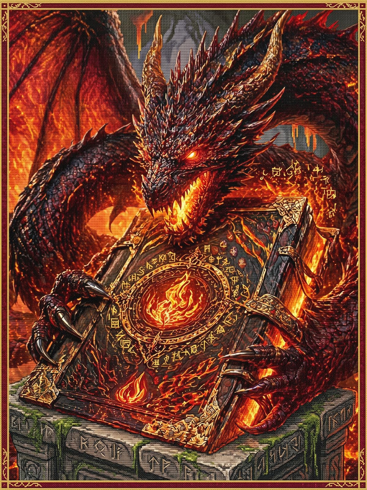 CAYLEKI Fire Dragon Cross Stitch Kit for Adult Beginners, 40x30cm Fantasy Scene with Pre-Printed 11CT Canvas - Complete DIY Embroidery Set with Ecological Cotton Thread, Blunt Needles & Extra