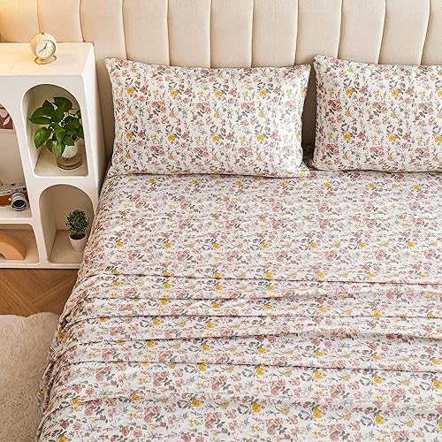 Miniatura 2 de Viviland - Juego de sábanas floral Queen, 4 piezas, diseño vintage rosa y amarillo, estampado de flores, de microfibra suave y transpirable,