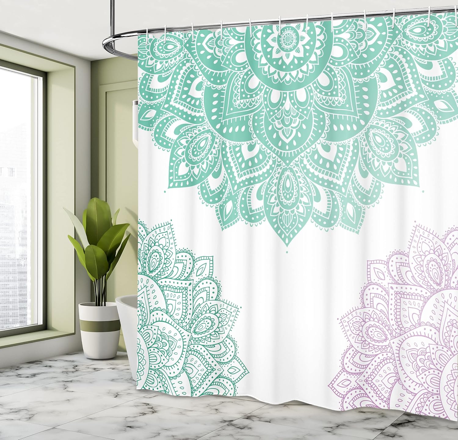 Ambesonne Flora Shower Curtain, South Mandala Design Vibrant Color Ornamental Illustration, Cloth Fabric Bathroom Decor Set with Hooks, 69" W x 84" L, Turquoise Mauve
