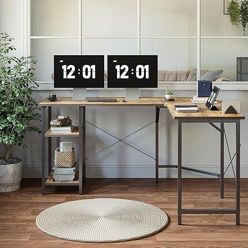 Miniatura 18 de CubiCubi Escritorio en forma de L de 59 pulgadas con puertos de carga USB y luces LED, escritorio de esquina para computadora con cajón y estante de