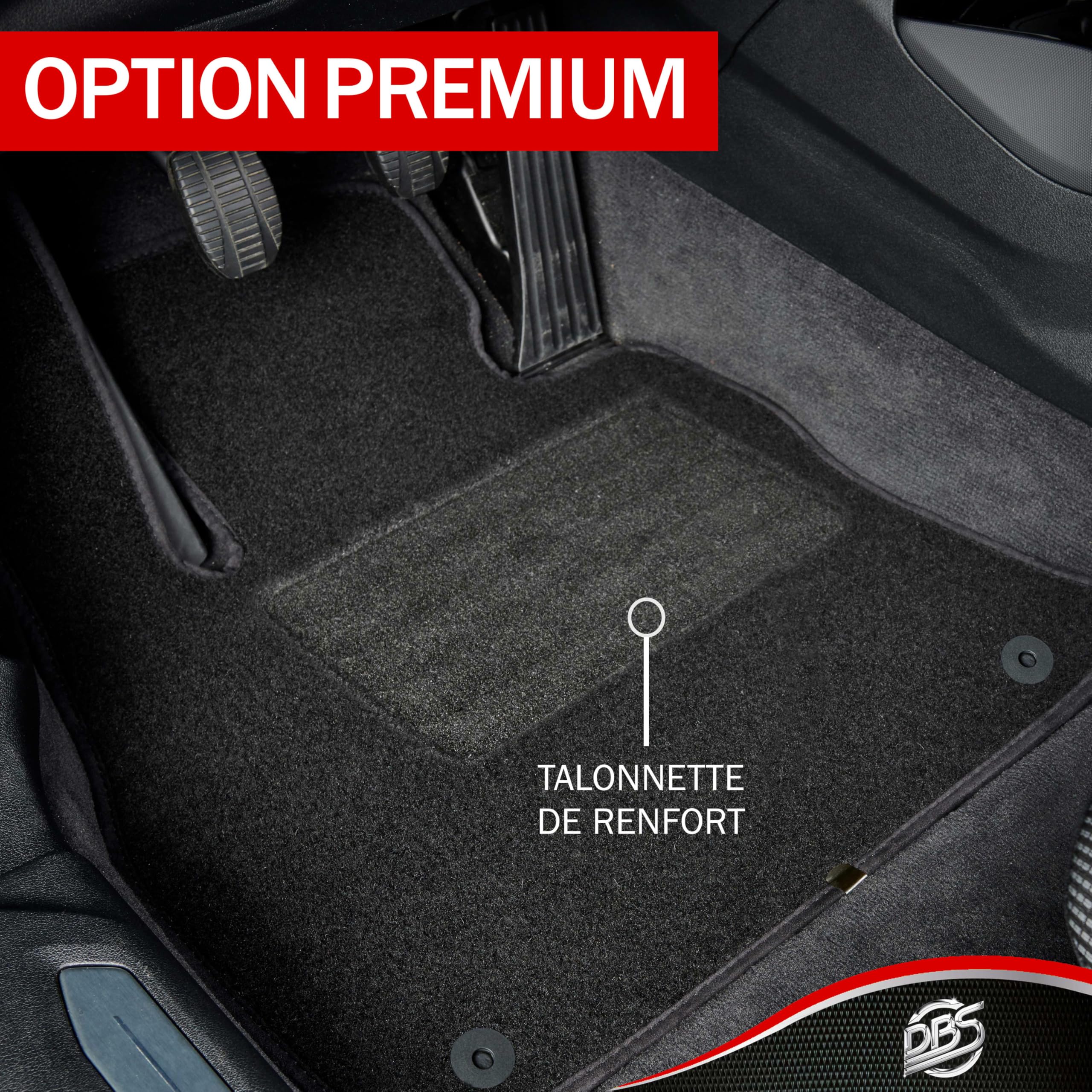 DBS - Tapis de Sol Voiture - sur Mesure - Adapté à Votre Peugeot 307/307 SW (04/2001-04/2008) Antidérapant : Clips de Fixation et Autogrip - 3 pièces : Protection du Pont arrière - Moquette