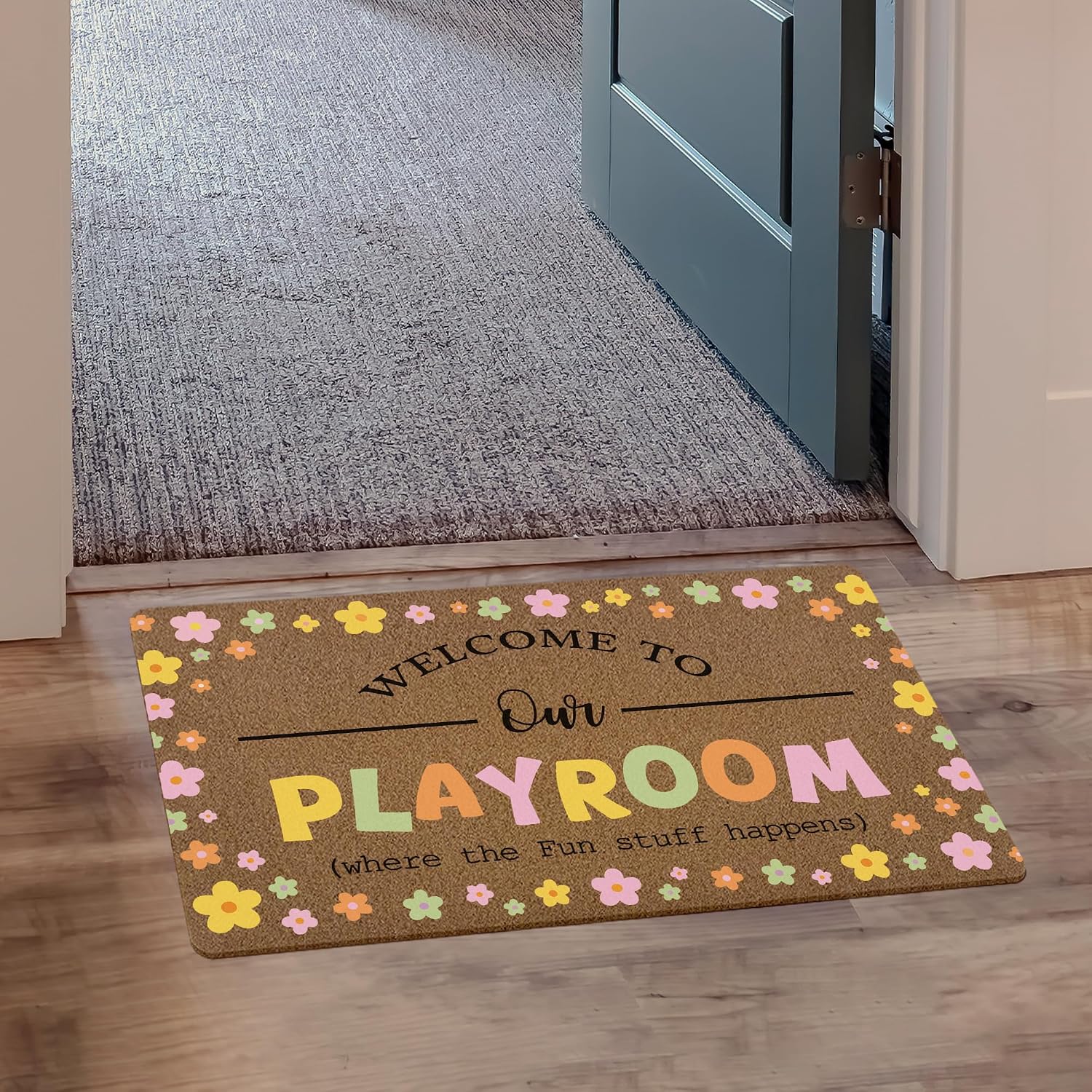 Classroom Welcome Door Mat, Kids Playroom Cute Floral Artificial Coir Front Door Mat Indoor Outdoor Entrance, Colorful Boho Flower Doormat Rug for Porch Entryway Patio Decor,17X30 Inch