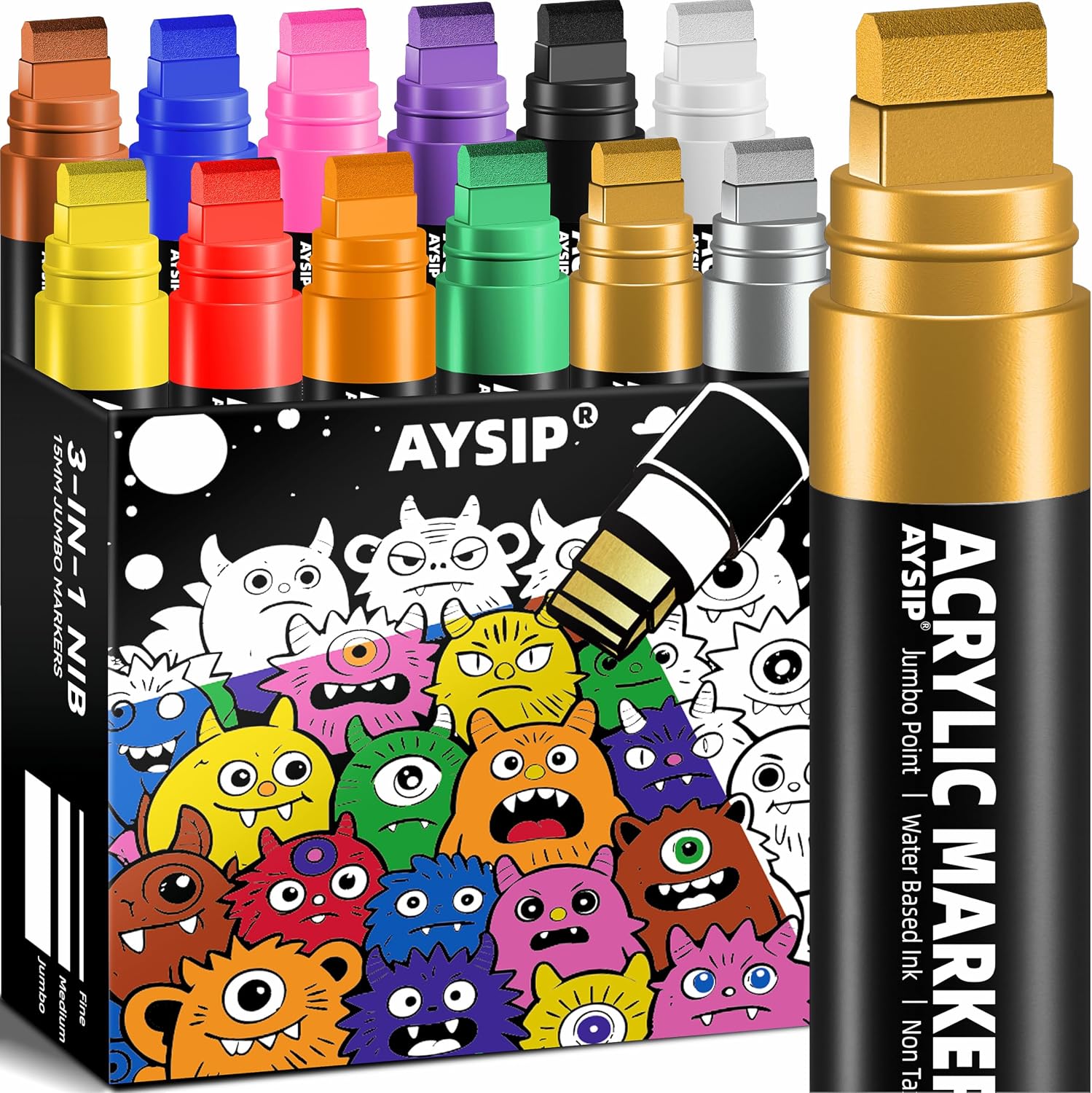 12 Colors Jumbo Markers Set, 15mm Large Wide Tip, Thick Acrylic Paint Markers for Painting, Rock, Window, Glass, Wood, Fabric