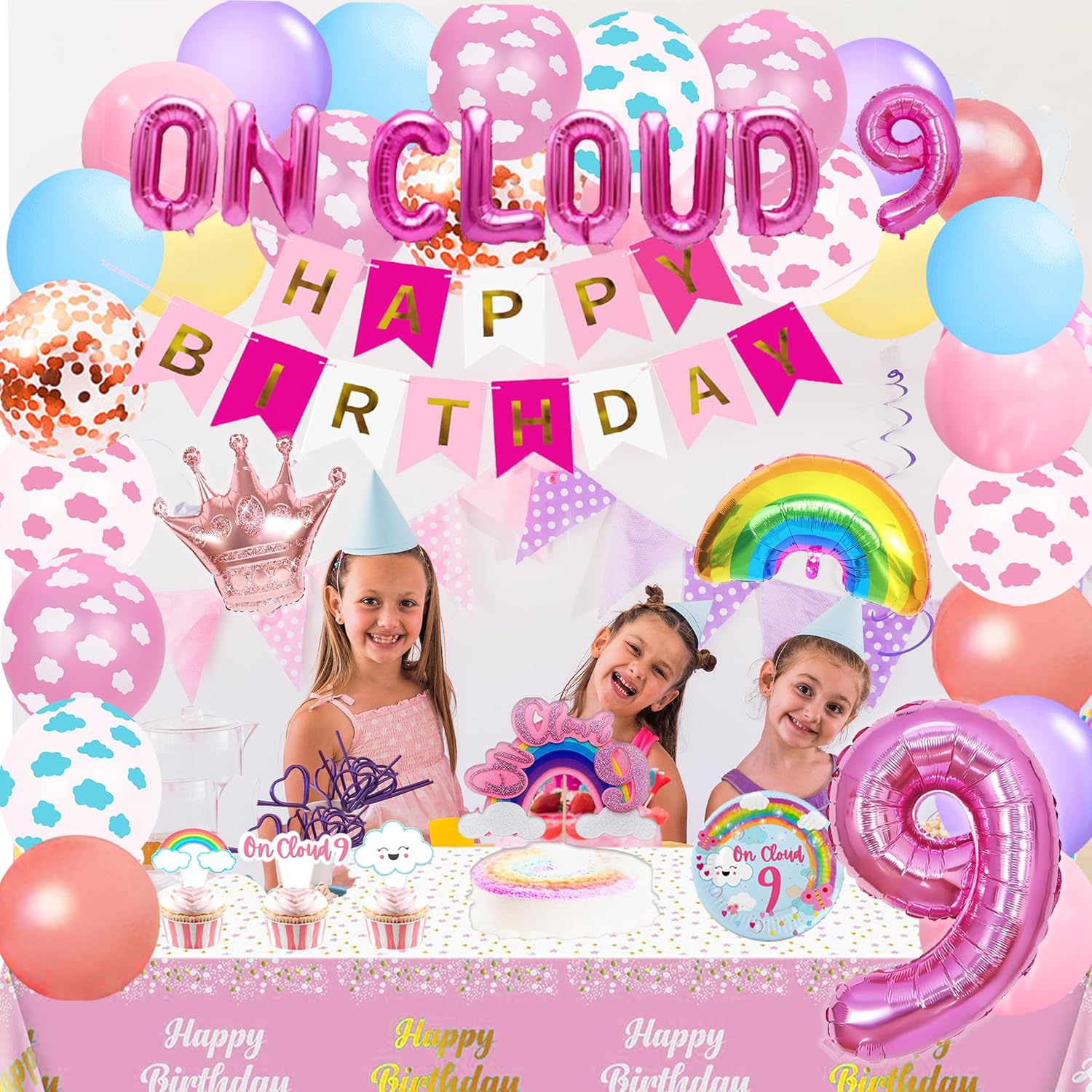 On Cloud 9 Birthday Party Decorations On Cloud 9 Birthday Party Supplies Balloon Arch Backdrop Cake Topper Plates Napkins for 9 Year Old Girl 9th Party Decorations