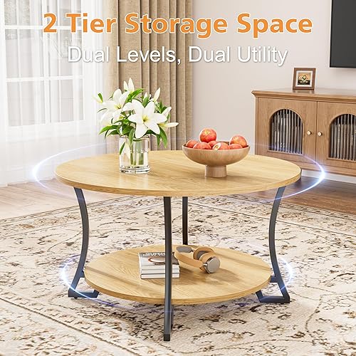 Miniatura 7 de POZILAN Mesa auxiliar redonda con almacenamiento, mesa auxiliar circular de 31.5 pulgadas para sala de estar, mesas de centro redondas de madera,