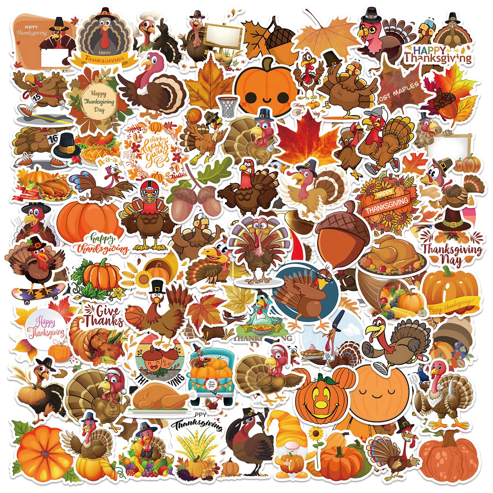 DERFILIN 100PCS Fall Stickers Pack, Thanksgiving Turkey Pumpkin Stickers for Kids, Autumn Waterproof Vinyl Gift Stickers for Water Bottles, Cards, Scrapbooking, Harvest Party Favorites