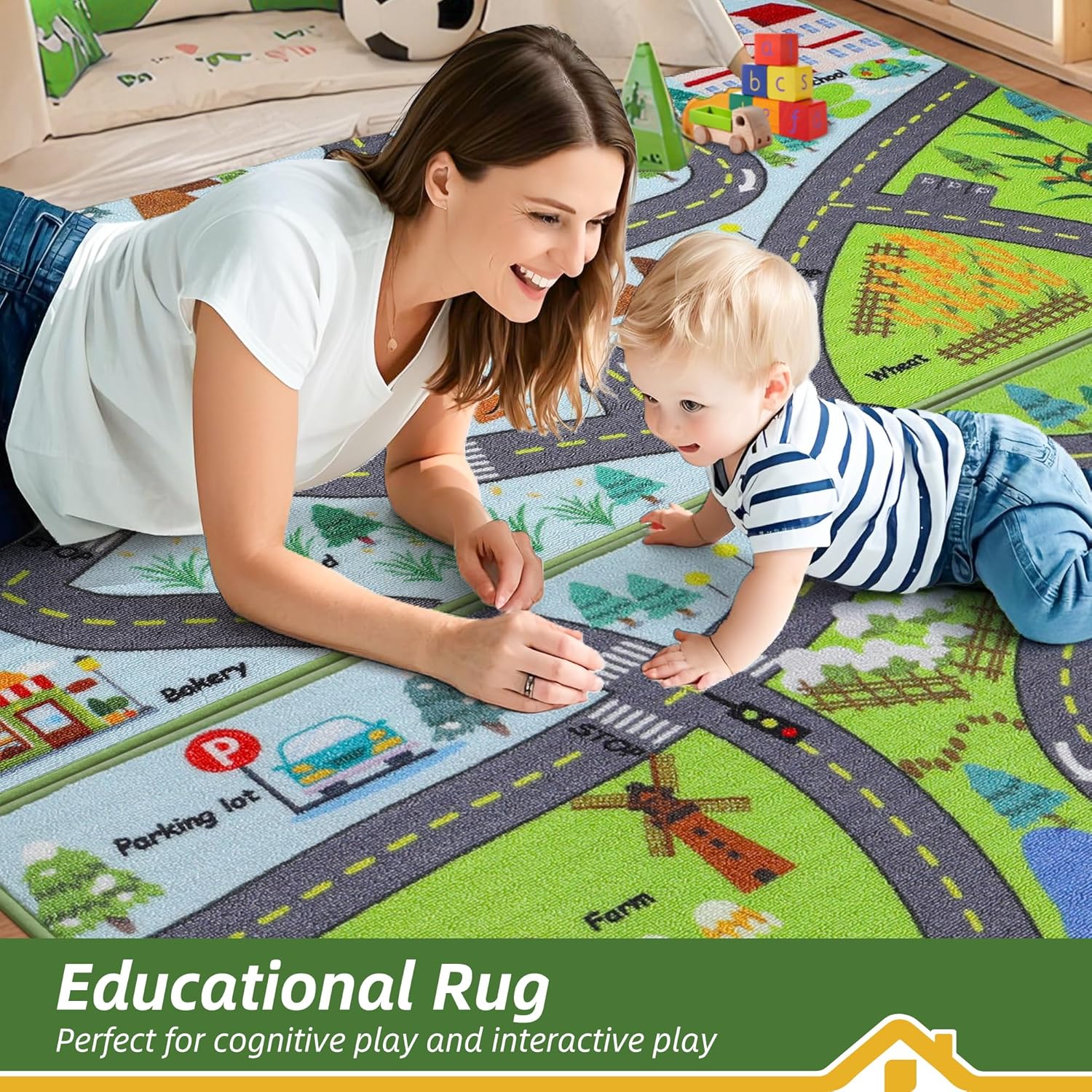 BEQHAUSE Kids Rug 2pcs City Life, 32”x60” Educational Road Traffic Kids Rug, Non Slip Washable Play Mat Carpets for Children's Bedroom Playroom Nursery Room Decor