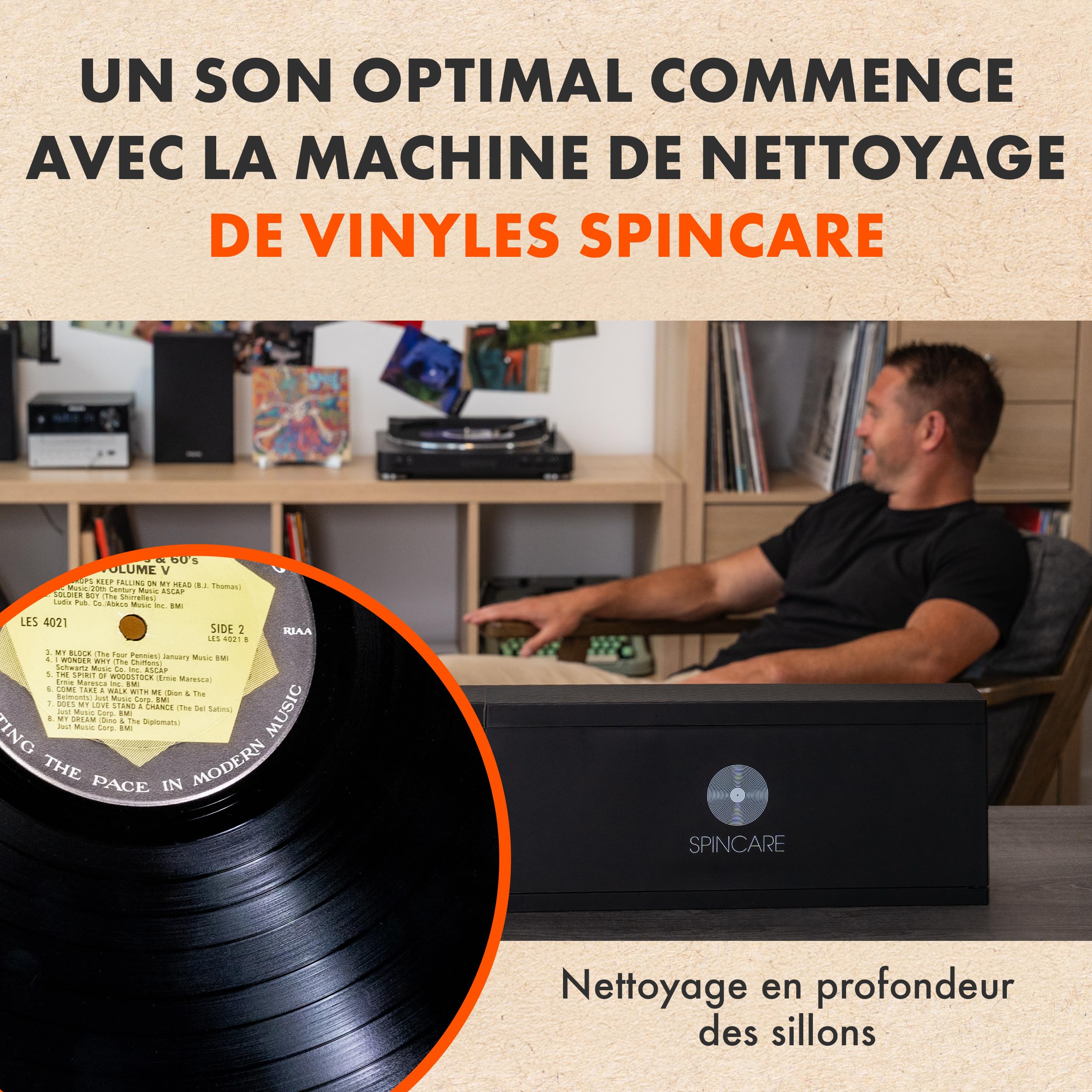 SPINCARE Machine Nettoyage Vinyle Kit Nettoyeur Disque Vinyle pour Albums LP 33 Tours 45 Tours | Inclut Liquide et Bac de Nettoyage Chiffon Microfibre – Nettoie 500 Disques LP