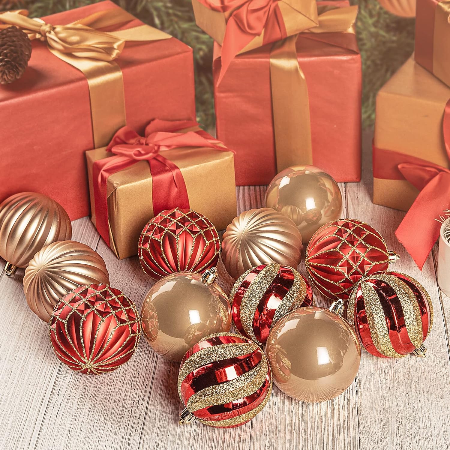SHareconn 12ct 3.15 Inch Christmas Tree Balls Ornaments, Colored Shatterproof Plastic Decorative Baubles Decorations for Xmas Tree Decor Holiday Party Wedding Decoration (Red & Gold, 80mm) - Image 7