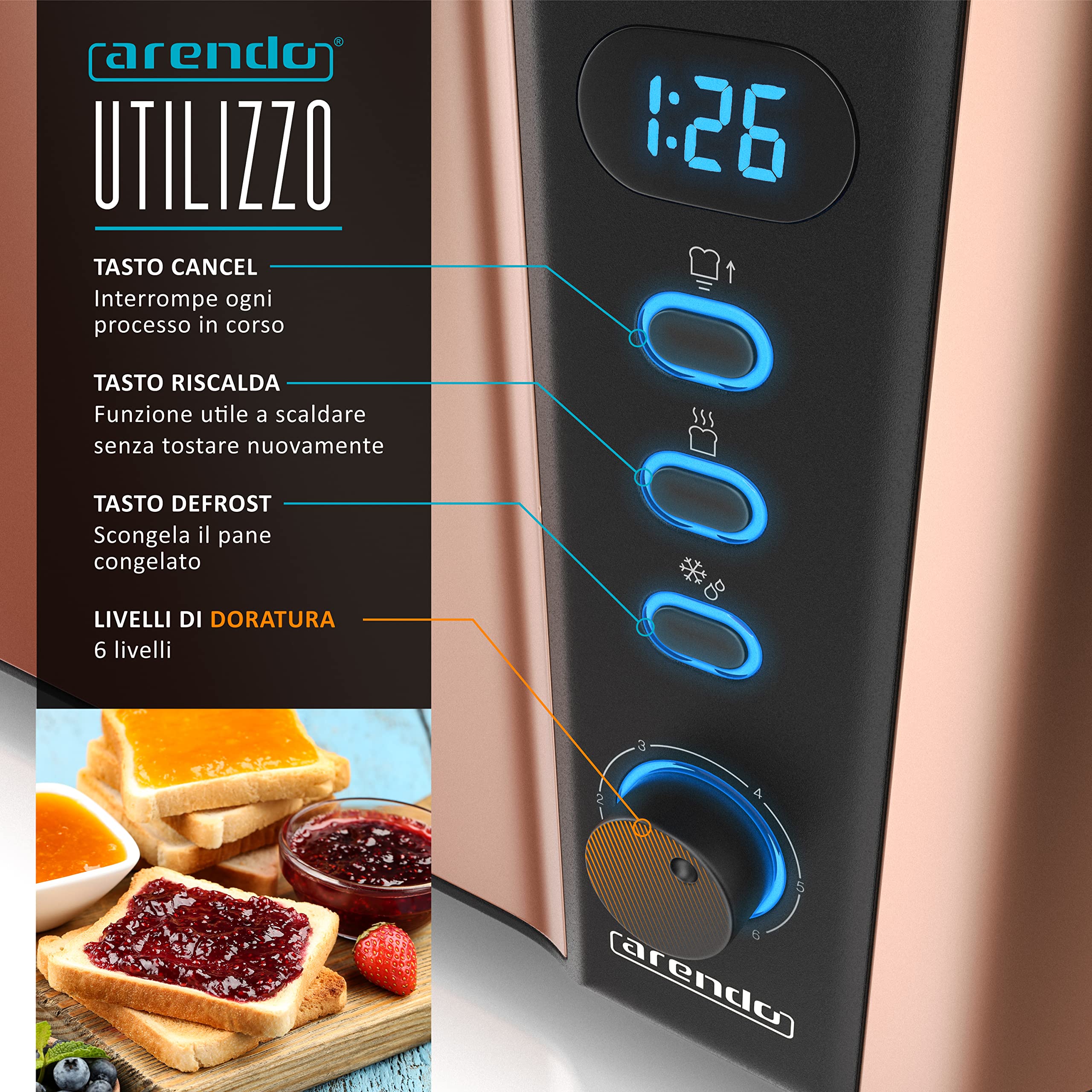 arendo - Tostapane a 2 Fessure XXL - Funzione Scongelamento – Doppia Parete termoisolante - con Accessorio scalda Cornetto - 1500W - Vassoio raccogli briciole - Display con Tempo rimanente - Rame