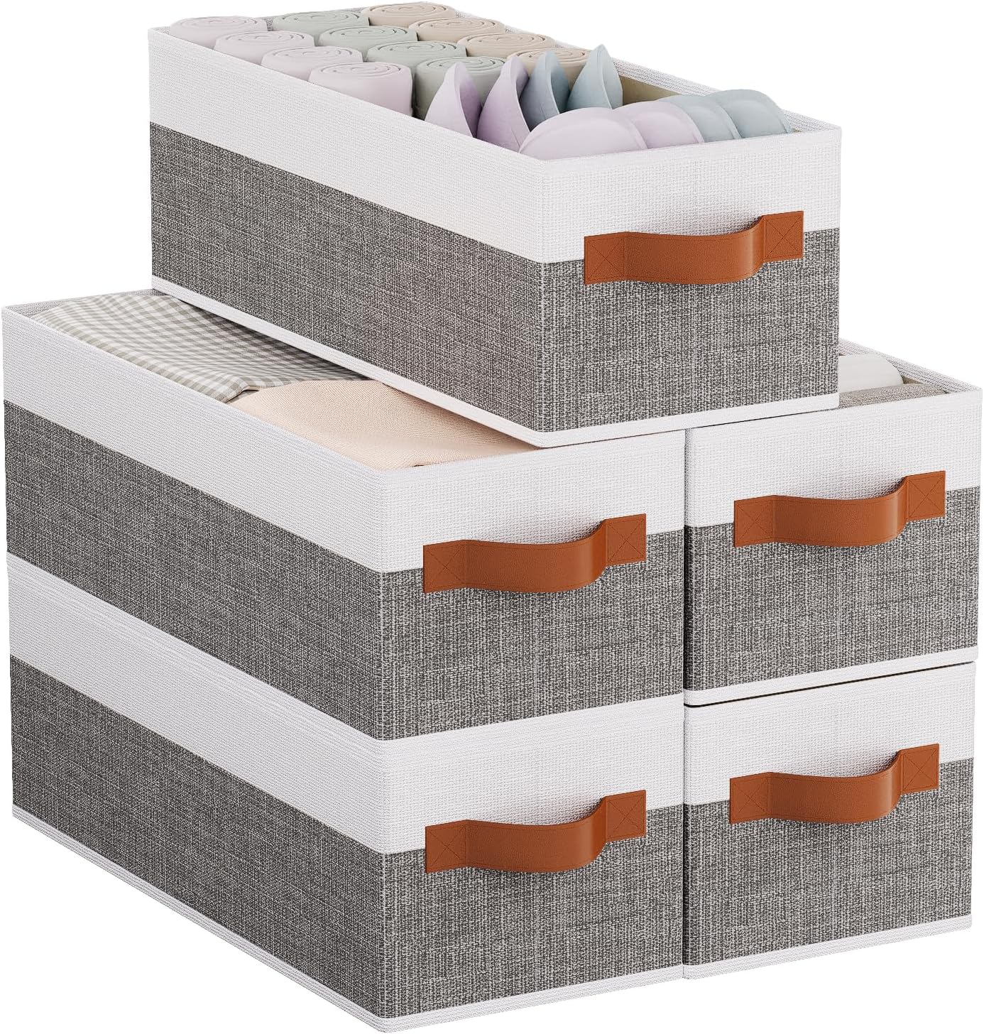 5 Pack Collapsible Storage Baskets, Fabric Foldable Storage Cubes for Organizing, Clothes Organizer Boxes with Handles, White and Gray, 15 x 6 x 5 Inch 5-Pack White/Grey