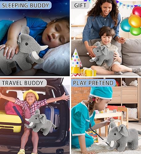 Miniatura 4 de DolliBu Elefante de peluche  Elefante de pie suave abrazable, adorable peluche de zoológico de tiempo de juego, lindo regalo de safari de vida